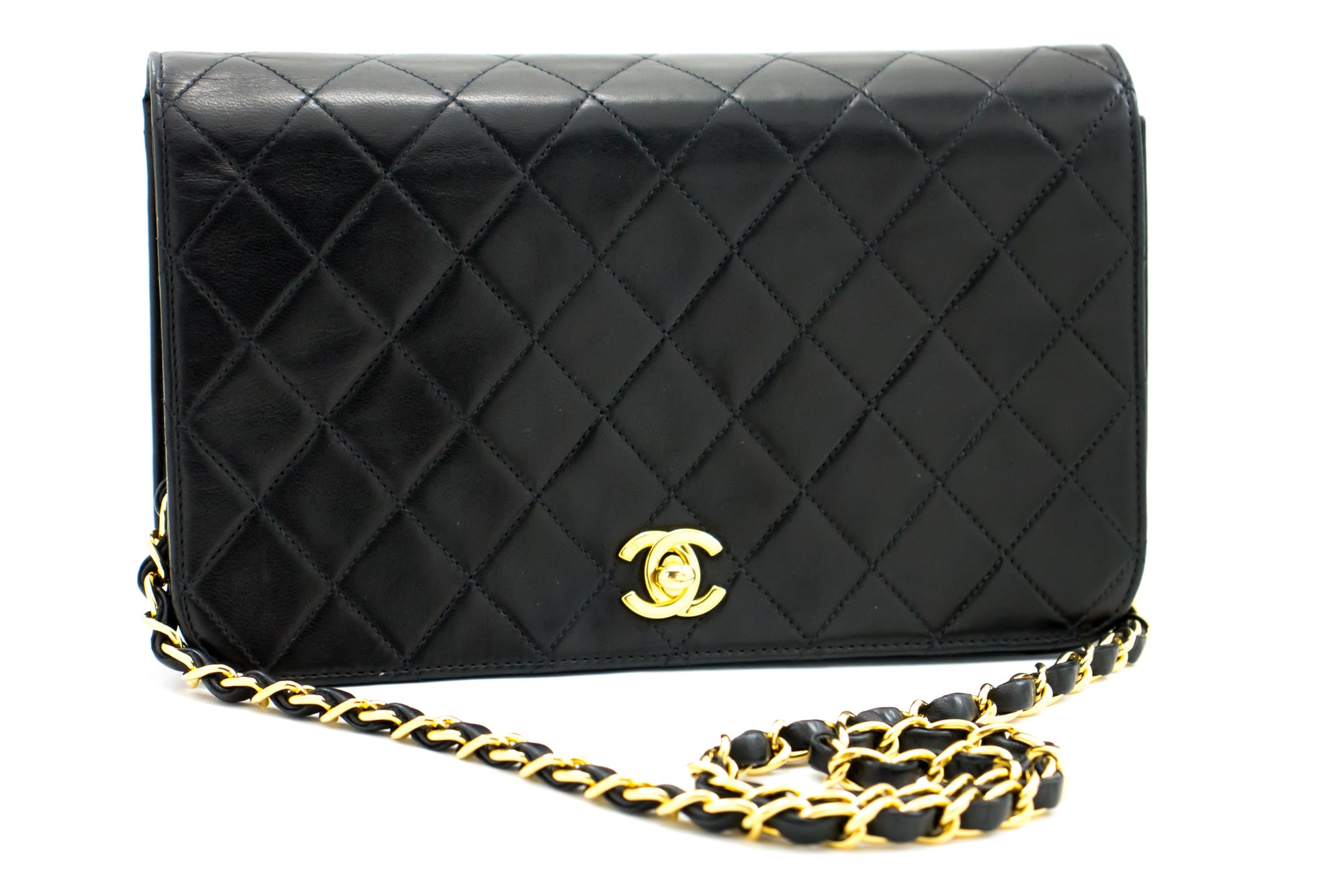 CHANEL Full Flap Chain Shoulder Bag Black Quilted Lambskin Leather h46 –  hannari-shop