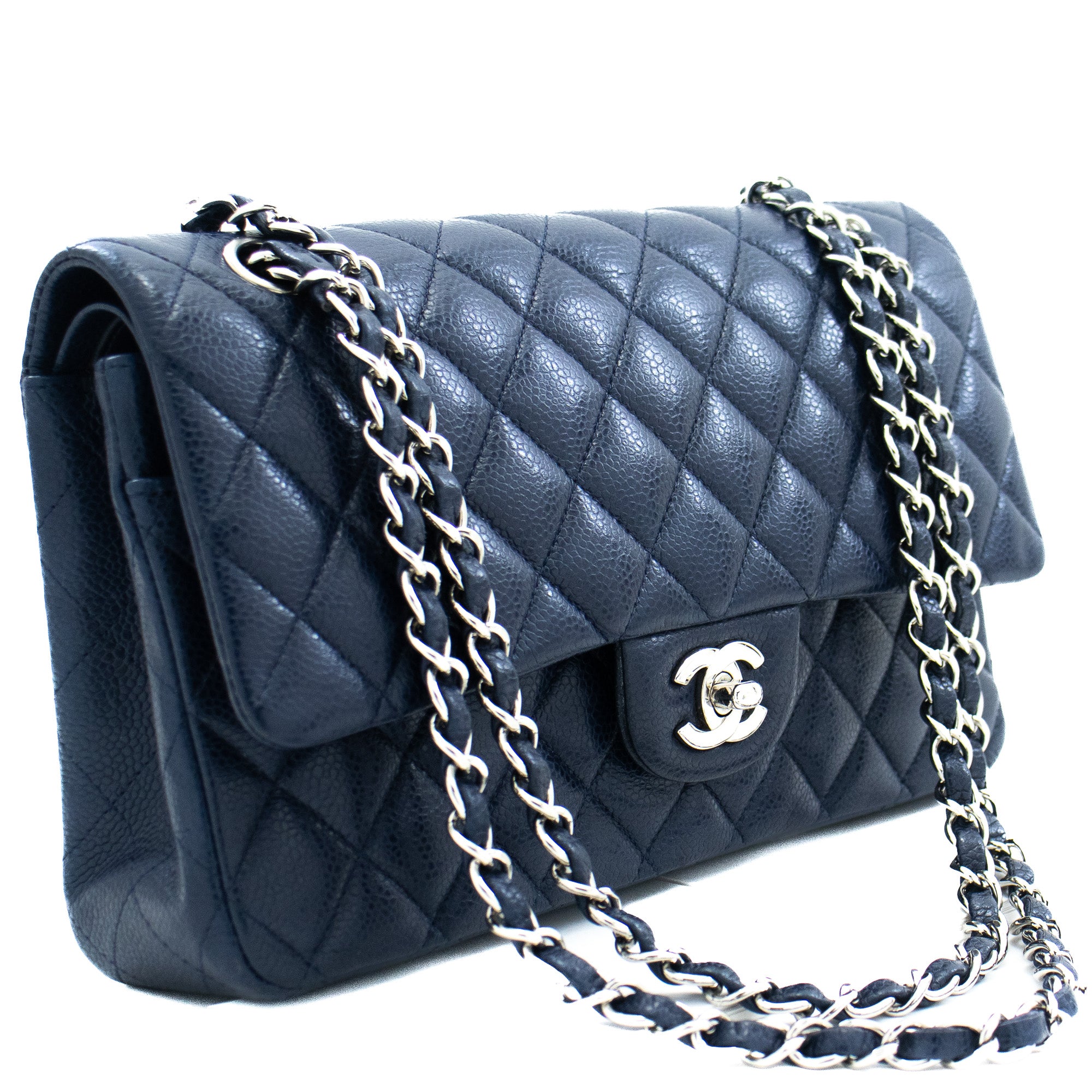 Chanel White Medium Classic Flap Bag in Caviar Leather with Silver Har   Sellier