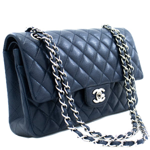 CHANEL Navy Caviar Double Flap Chain Shoulder Bag Quilted Leather