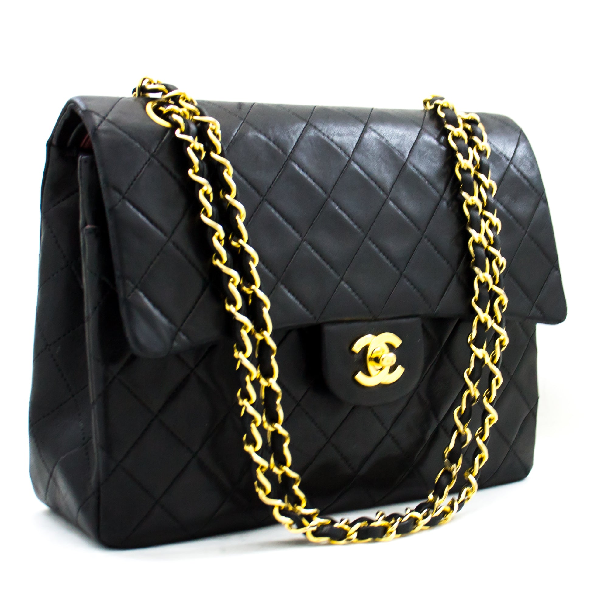 Chanel 2.55 Double Flap Square Chain Shoulder Bag Black Lambskin I14