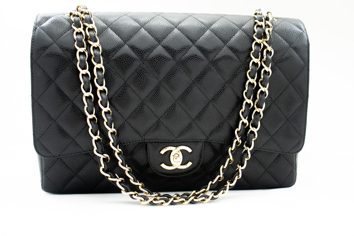Chanel Single Flap Maxi Classic Shoulder Bag Black Quilted Patent Leather