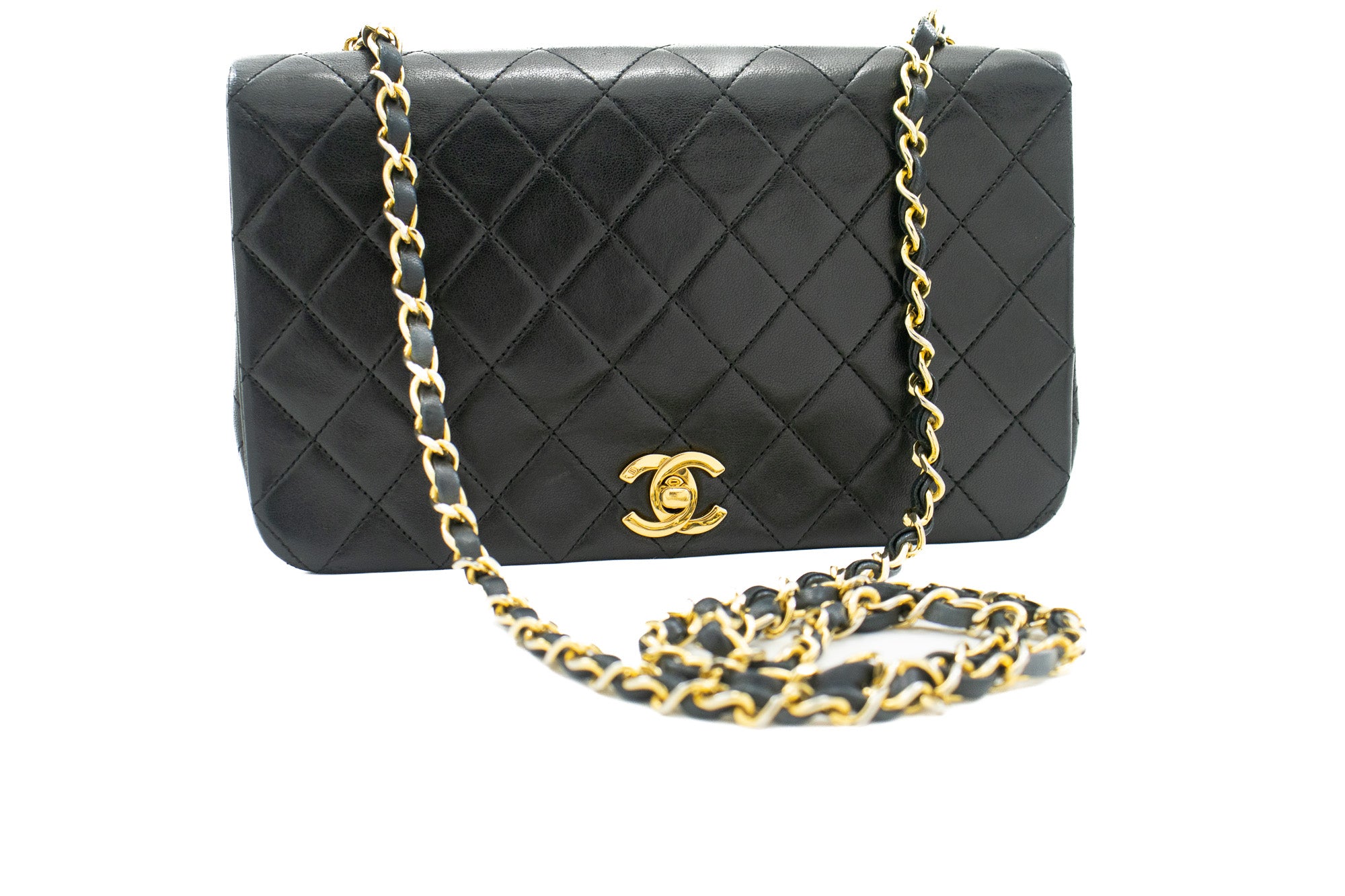 Chanel Full Flap Chain Shoulder Bag Clutch Black Quilted Lambskin K19