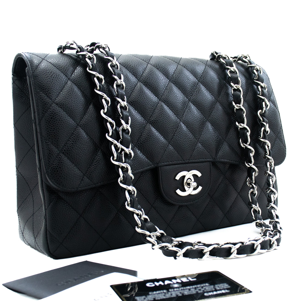 CHANEL Kelly Grained Calfskin Caviar Handbag Bag Black Flap Purse j41 –  hannari-shop