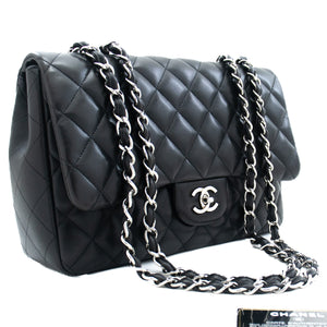 CHANEL Classic Large 11" Chain Shoulder Bag Flap Black Lambskin j42 hannari-shop