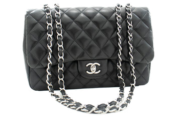 CHANEL Classic Large 11" Chain Shoulder Bag Flap Black Lambskin j42 hannari-shop