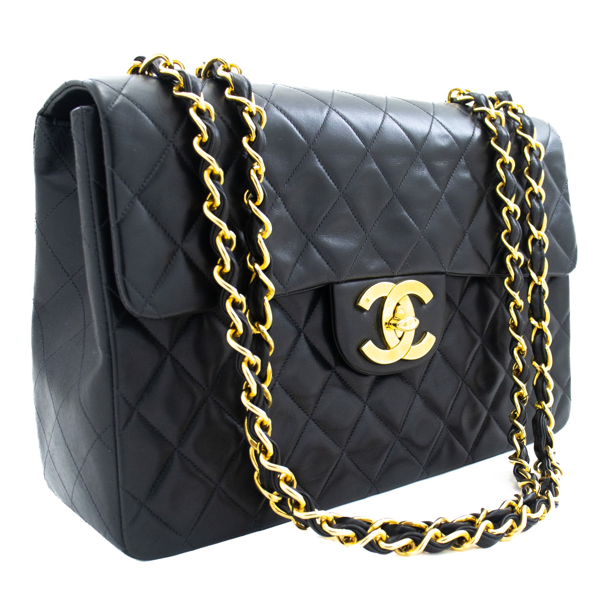 Chanel Classic Large 13 Flap Chain Shoulder Bag Black Lambskin J56