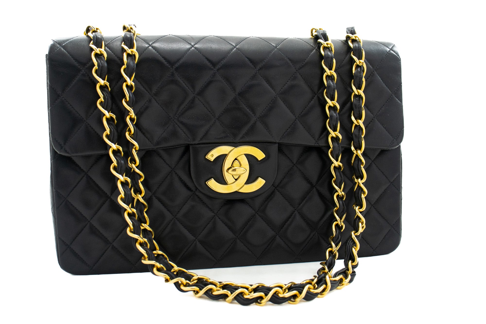 Chanel Classic Large 13 Flap Chain Shoulder Bag Black Lambskin J56