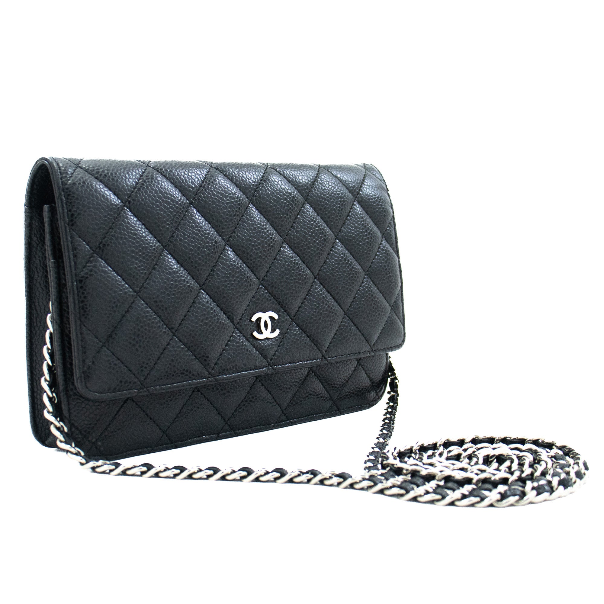 100%AUTH CHANEL Black Caviar Leather Classic Mini Wallet On Chain WOC Gold  HDW