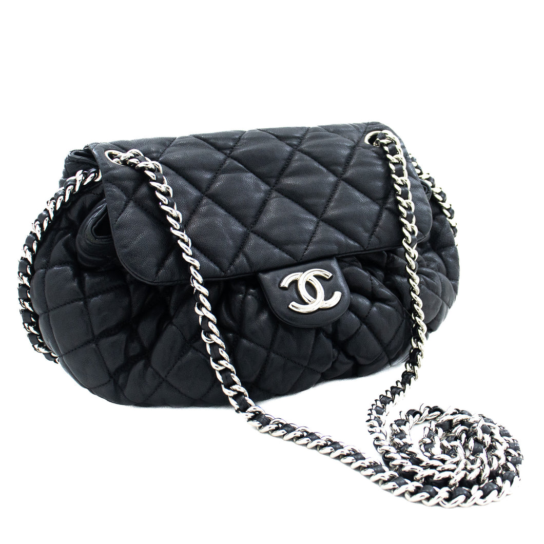 Chanel Round Zip Small Chain Shoulder Bag Black Quilted Lambskin L21