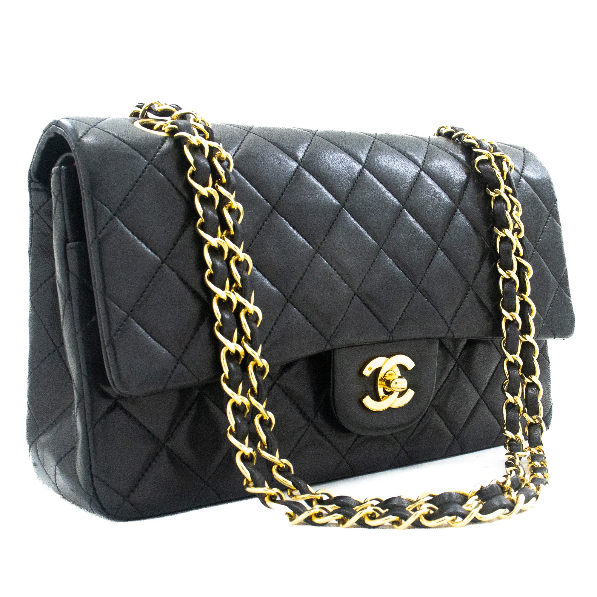 Chanel Classic Double Flap 10 Chain Shoulder Bag Black Lambskin J92