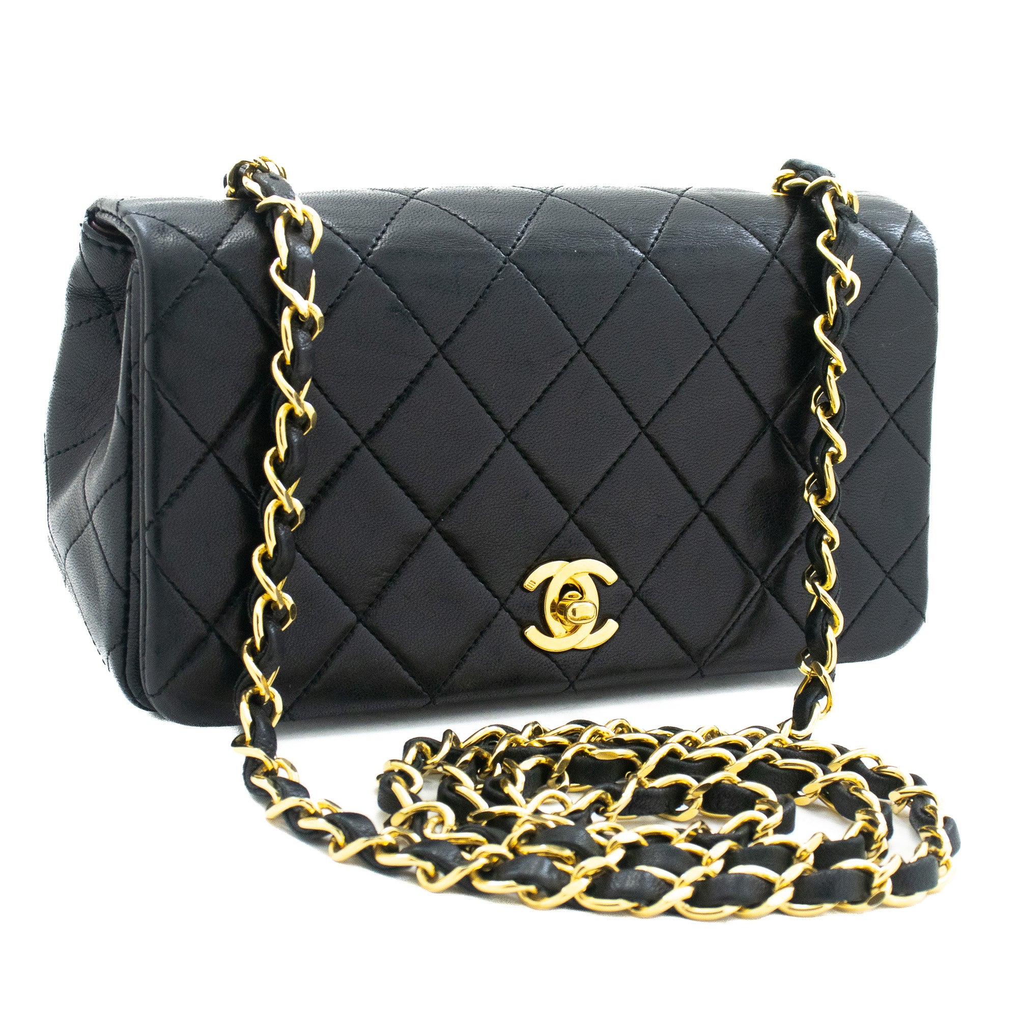 CHANEL Full Flap Small Chain Shoulder Bag Black Quilted Lambskin