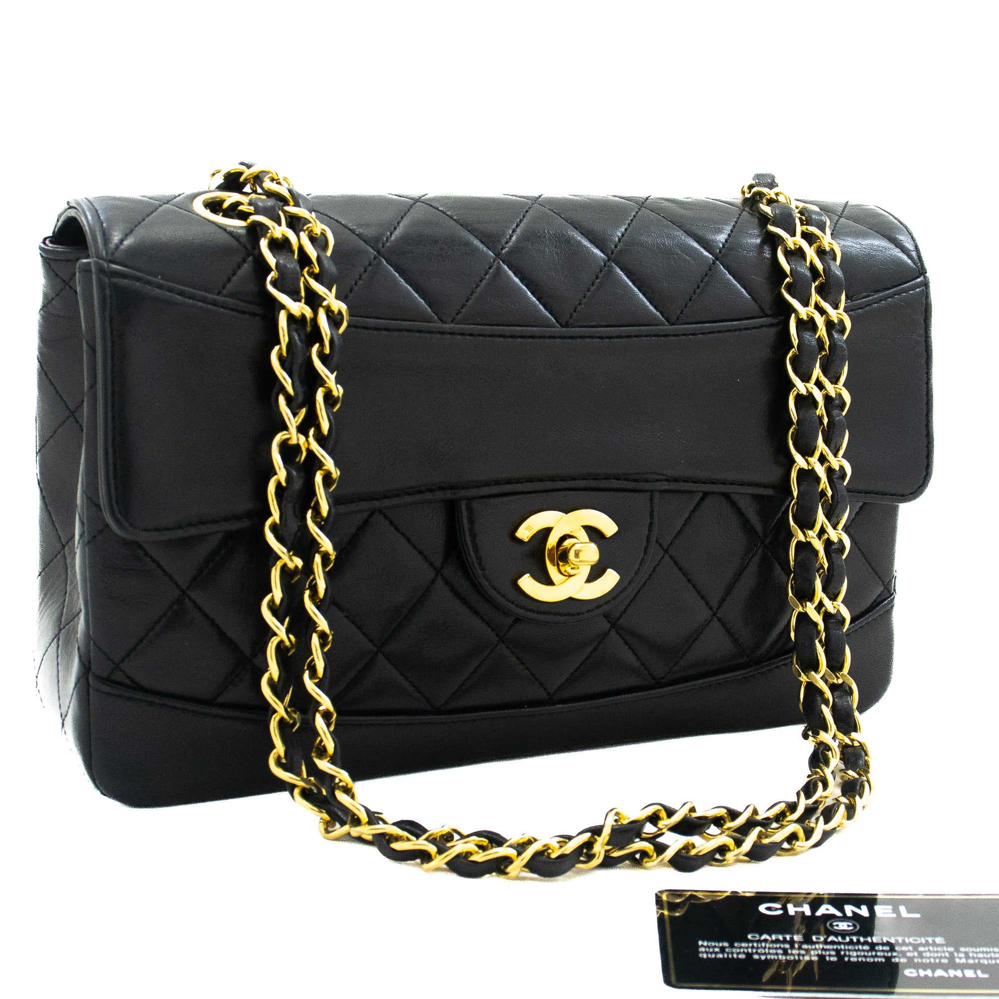 Chanel Black Leather Gold Hardware Square Flap Bag vintage For
