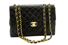 CHANEL Jumbo 11" velká řetízková taška přes rameno Flap Black Lambskin Gold f98 hannari-shop