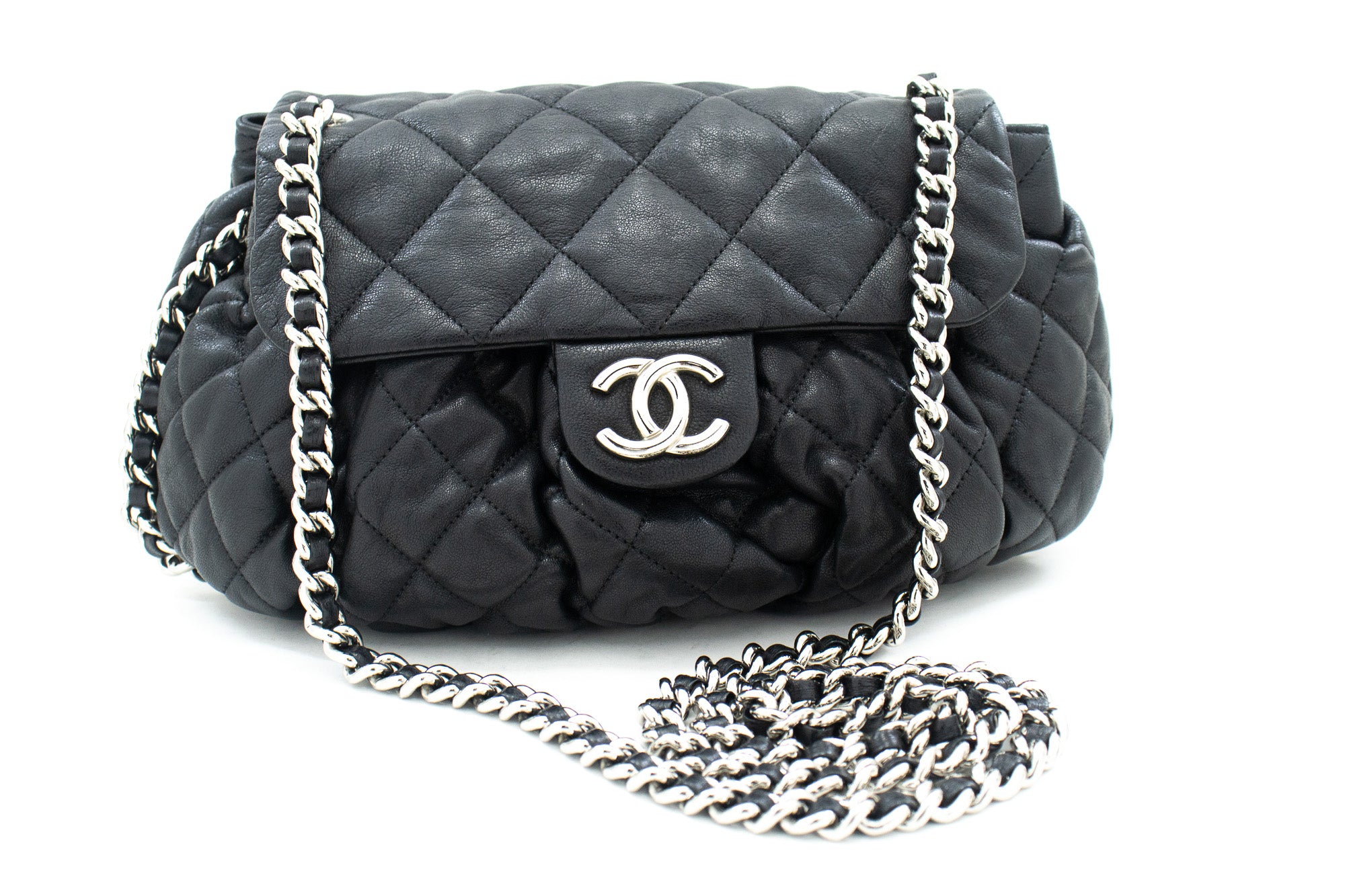 CHANEL CHAIN AROUND MESSENGER BAG, black quilted leather with silver tone  hardware, chain and leather strap and around the edges of the bag, cream  fabric lining, authenticity card, original box, 30cm x