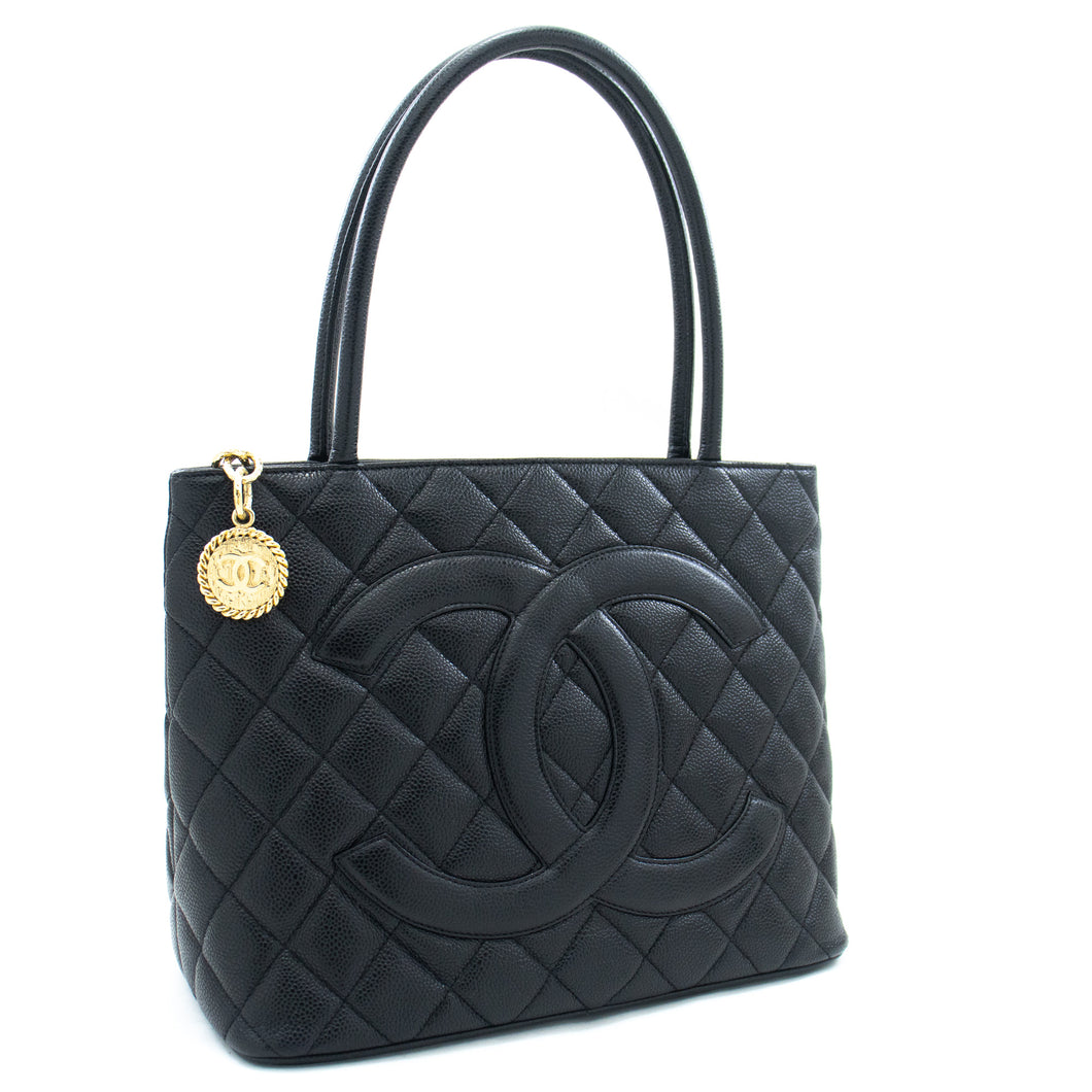 CHANEL Gold Medallion Caviar Shoulder Bag Shopping Tote Black i53 hannari-shop