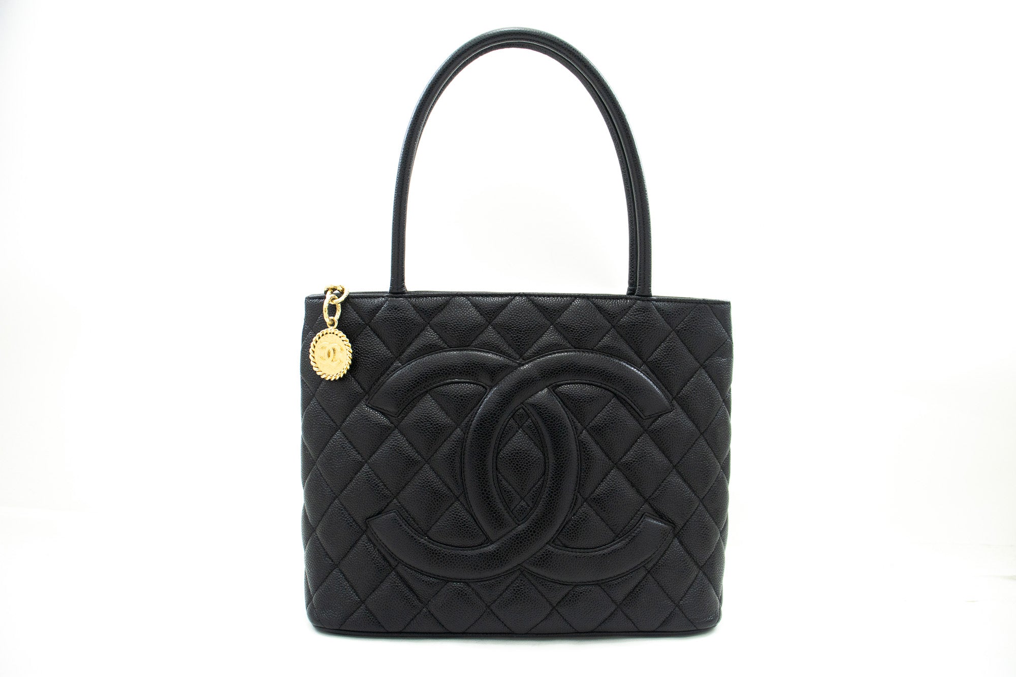 CHANEL Gold Medallion Caviar Shoulder Bag Shopping Tote Black i53