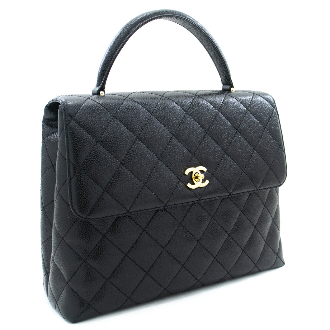 CHANEL Kelly Grained Calfskin Caviar Handbag Bag Black Flap Purse j41 –  hannari-shop