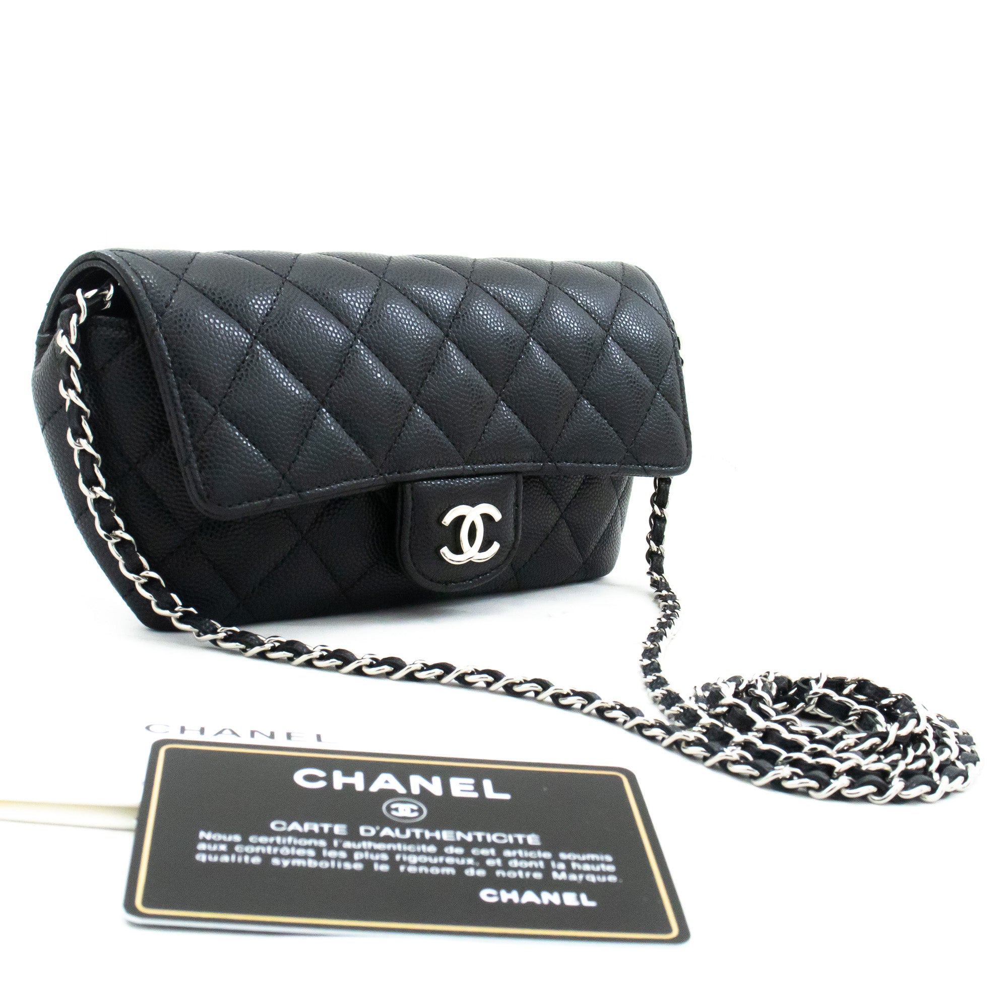 CHANEL Flap Phone Holder With Chain Bag Black Crossbody Clutch j99 –  hannari-shop