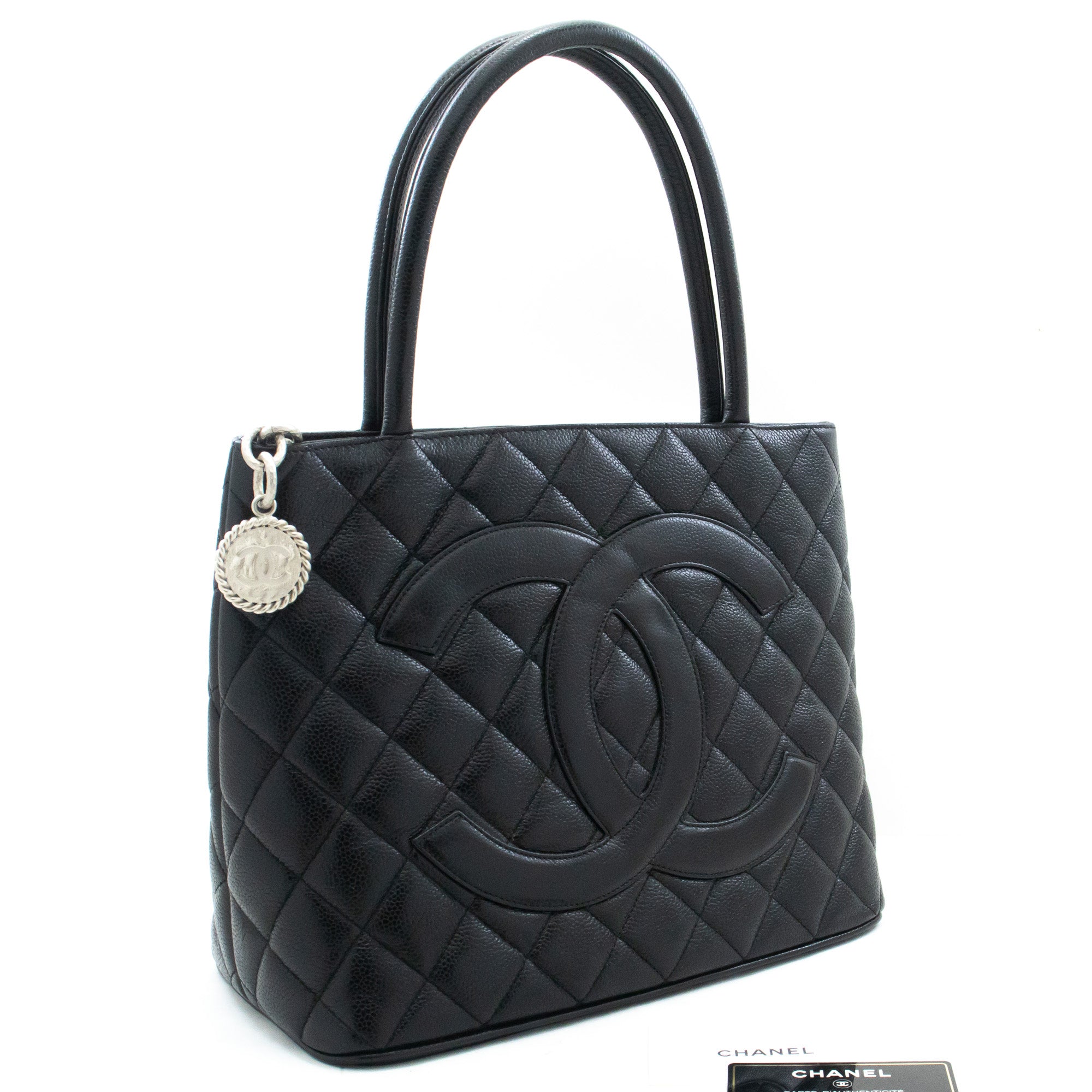 CHANEL Silver Medallion Caviar Shoulder Bag Grand Shopping Tote i74 –  hannari-shop