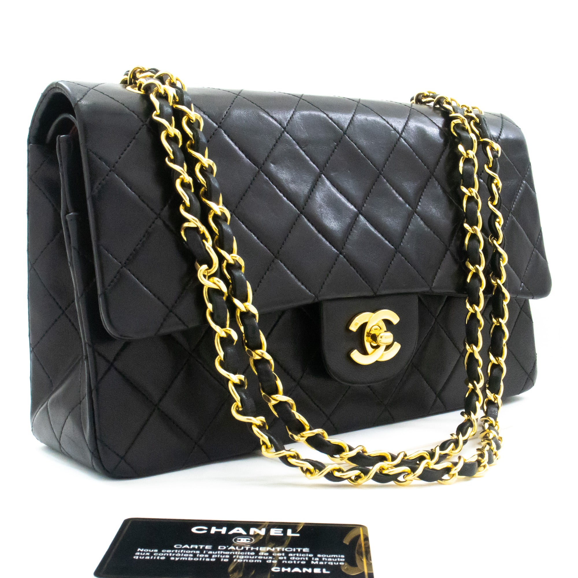 Chanel Classic Double Flap 10 Chain Shoulder Bag Black Lambskin K46