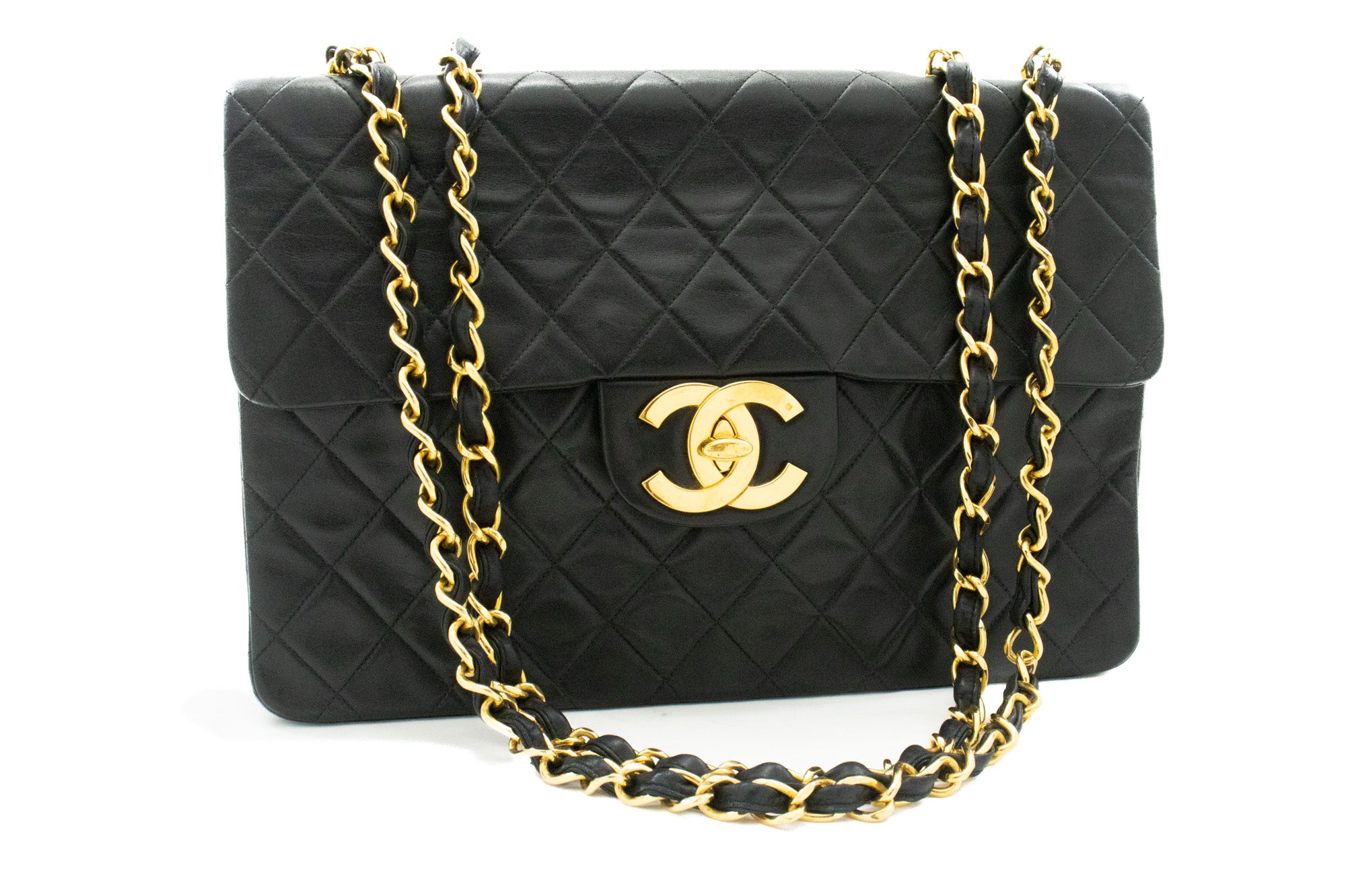 Chanel Classic Large 13 Flap Chain Shoulder Bag Black Lambskin J58