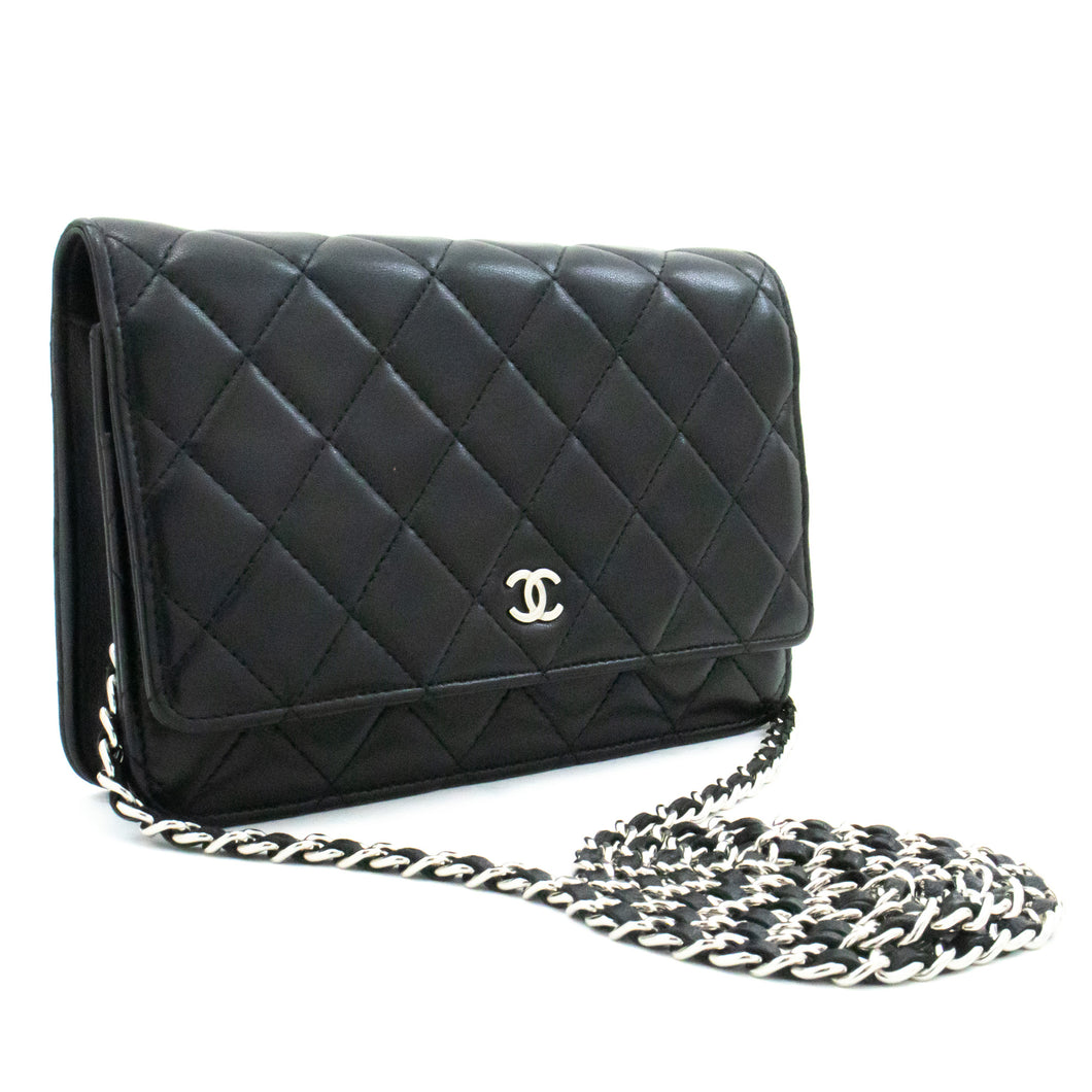 CHANEL Black Classic Wallet On Chain WOC Shoulder Bag Lambskin SV k52 hannari-shop