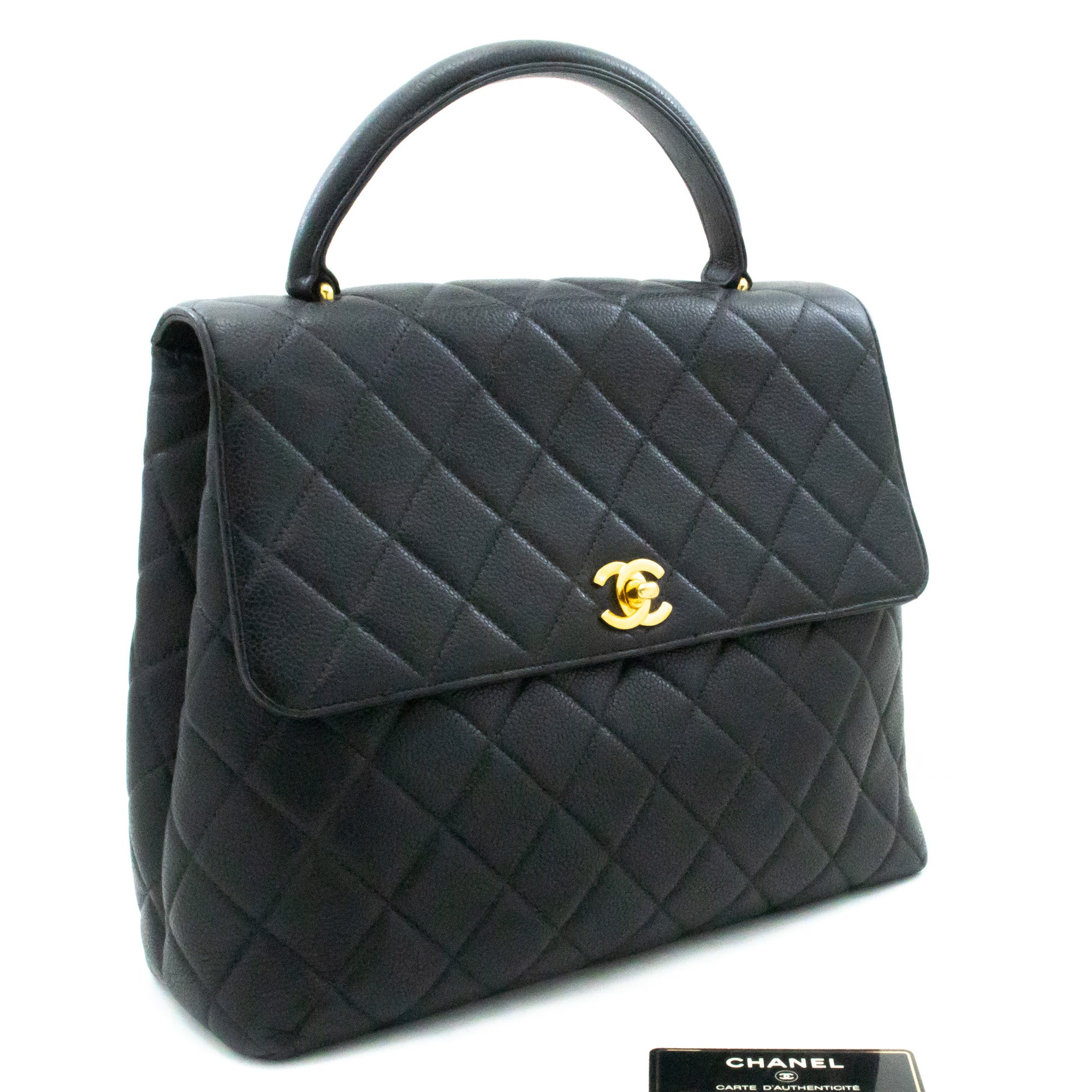 CHANEL Caviar Handbag Top Handle Bag Kelly Black Flap Leather Gold