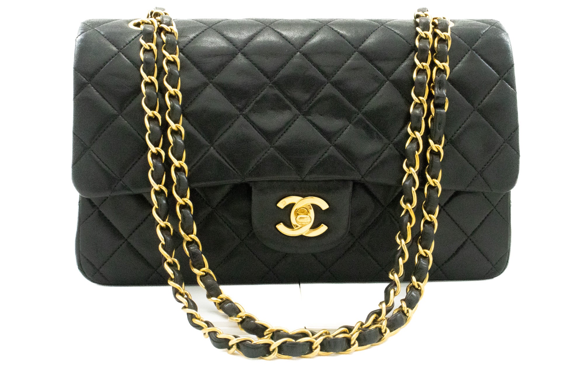 Chanel Classic Double Flap 10 Chain Shoulder Bag Black Lambskin K49
