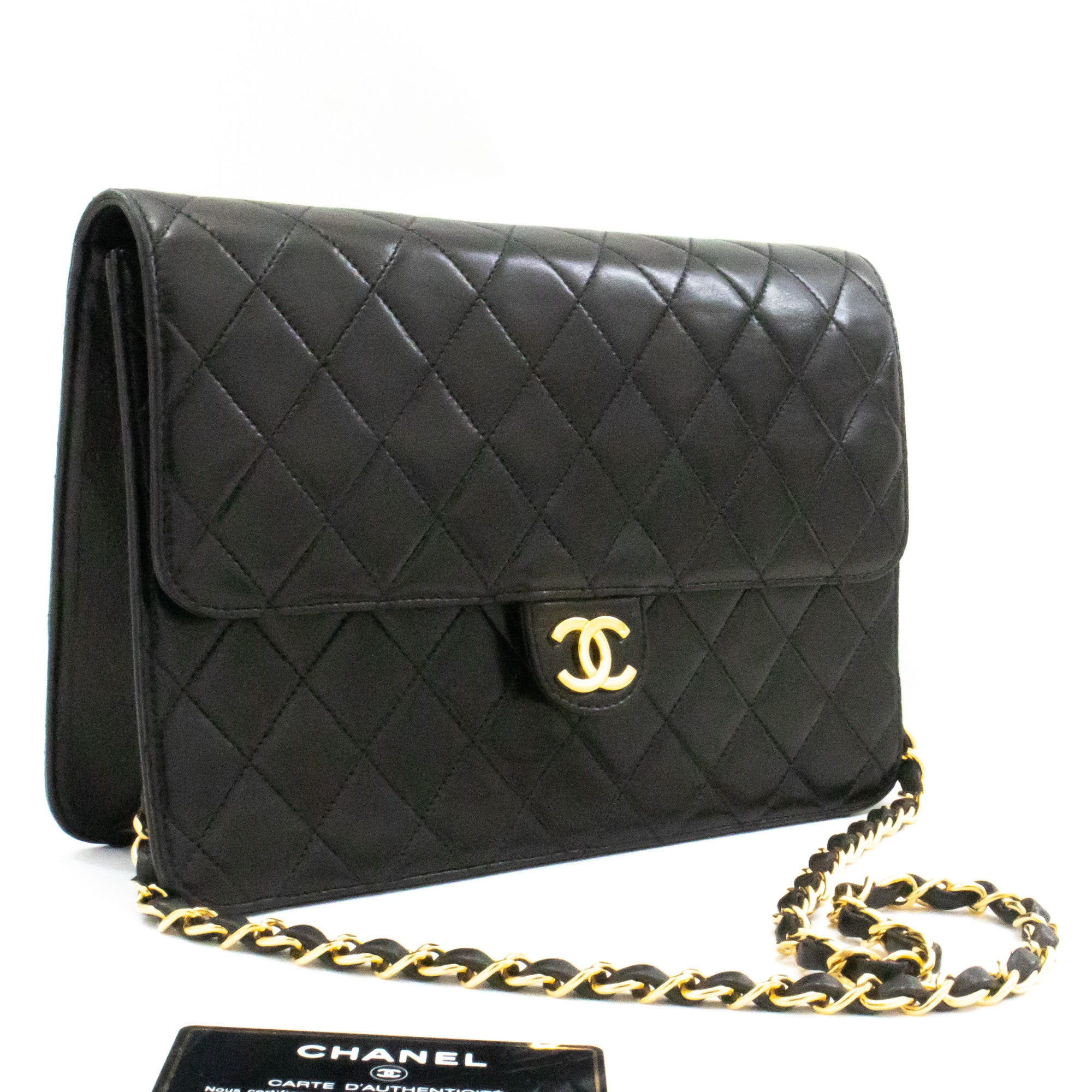 CHANEL Chain Shoulder Bag Clutch Black Quilted Flap Lambskin Purse