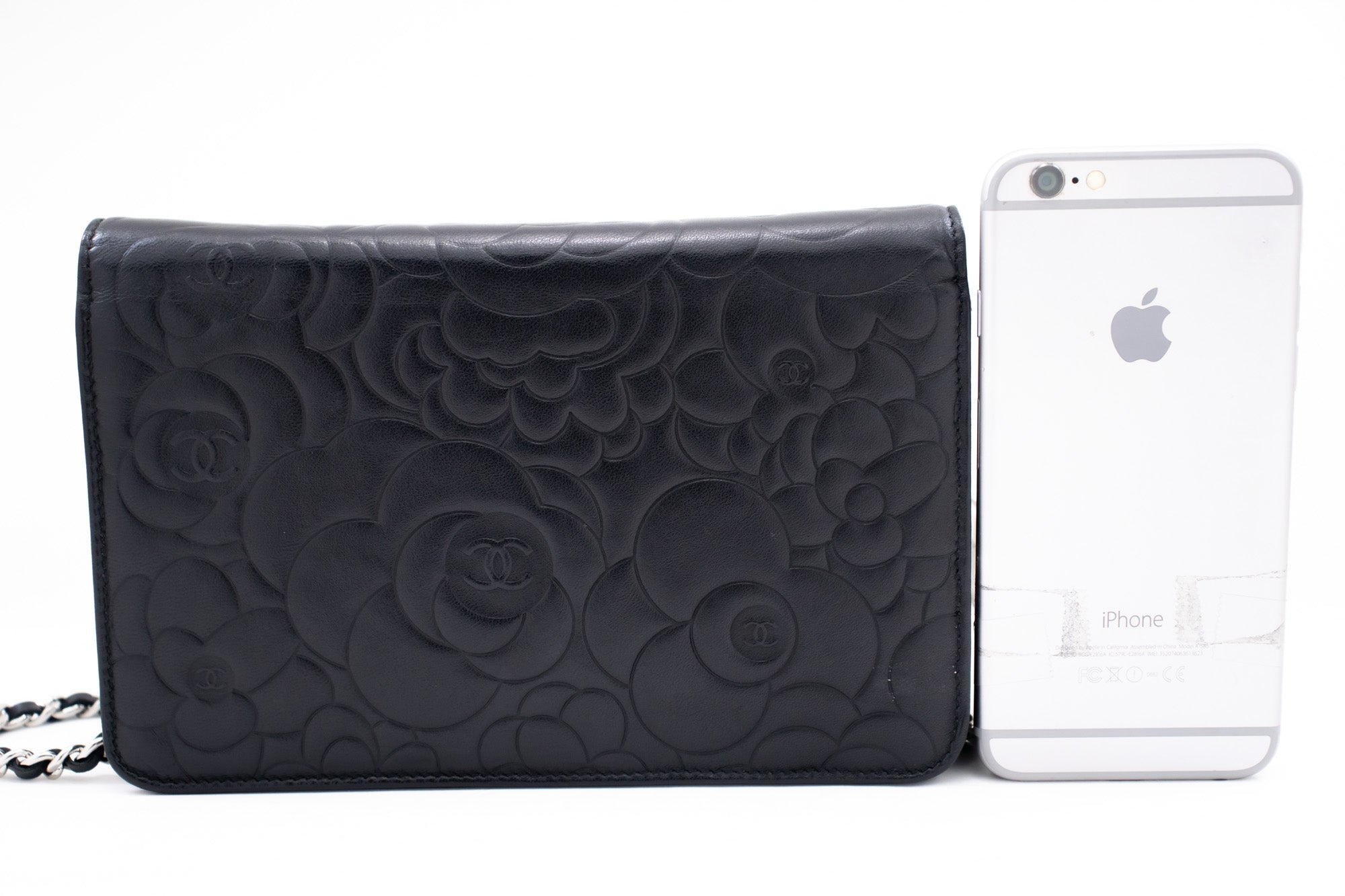CHANEL Black Camellia Embossed Wallet On Chain WOC Shoulder Bag k68 –  hannari-shop