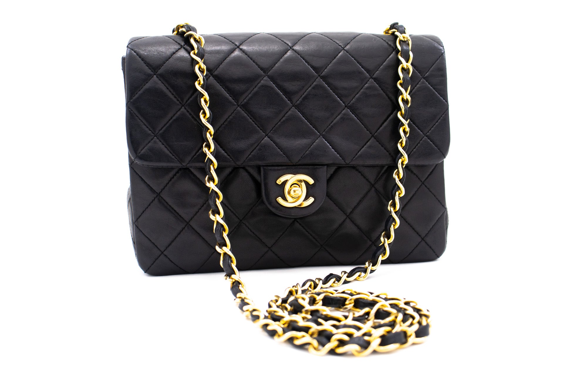 NEW Chanel Mini Square Black Classic Caviar Medallion Gold Chain Flap Bag