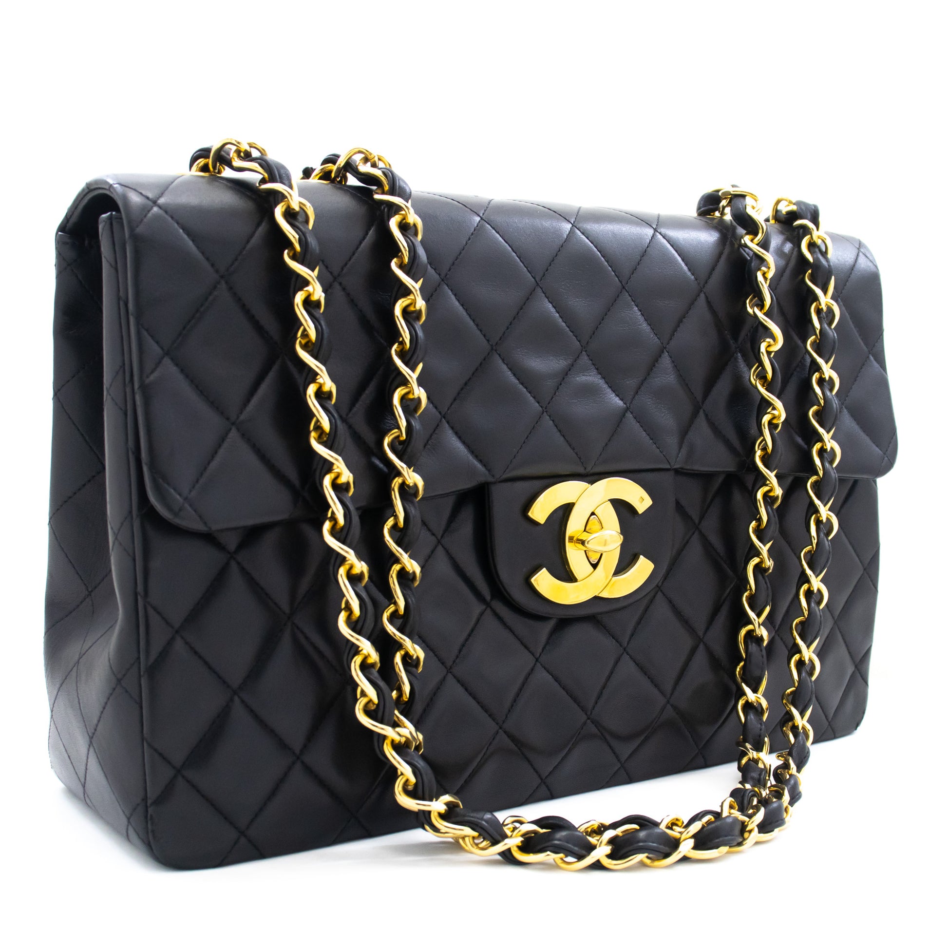 CHANEL Classic Large Borsa a Spalla con Tracolla a Catena e Patta 33 cm in Agnello Nero j74 hannari-shop