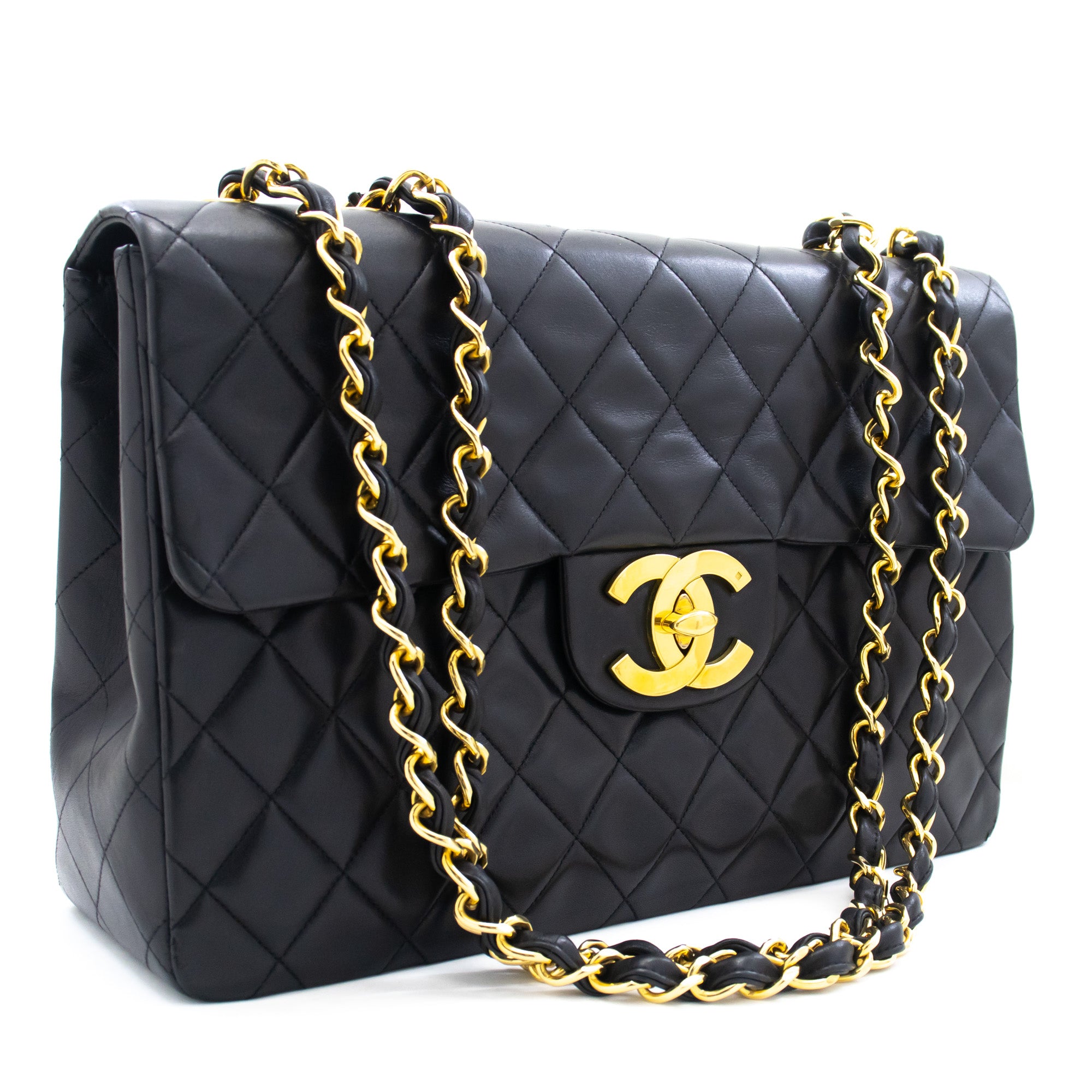 Vintage CHANEL black lambskin large tote bag with gold tone chains