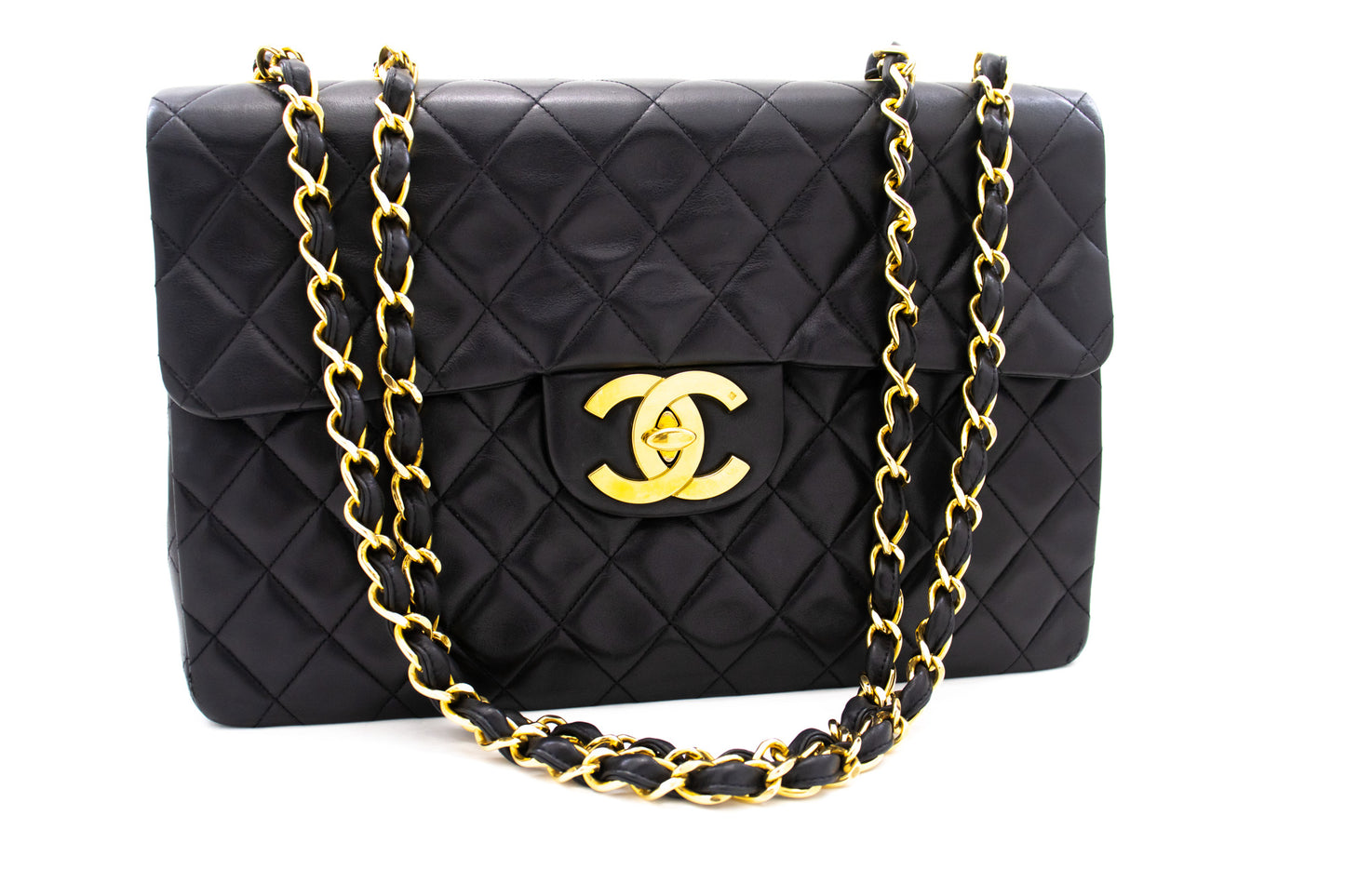 CHANEL Classic Large Borsa a Spalla con Tracolla a Catena e Patta 33 cm in Agnello Nero j74 hannari-shop