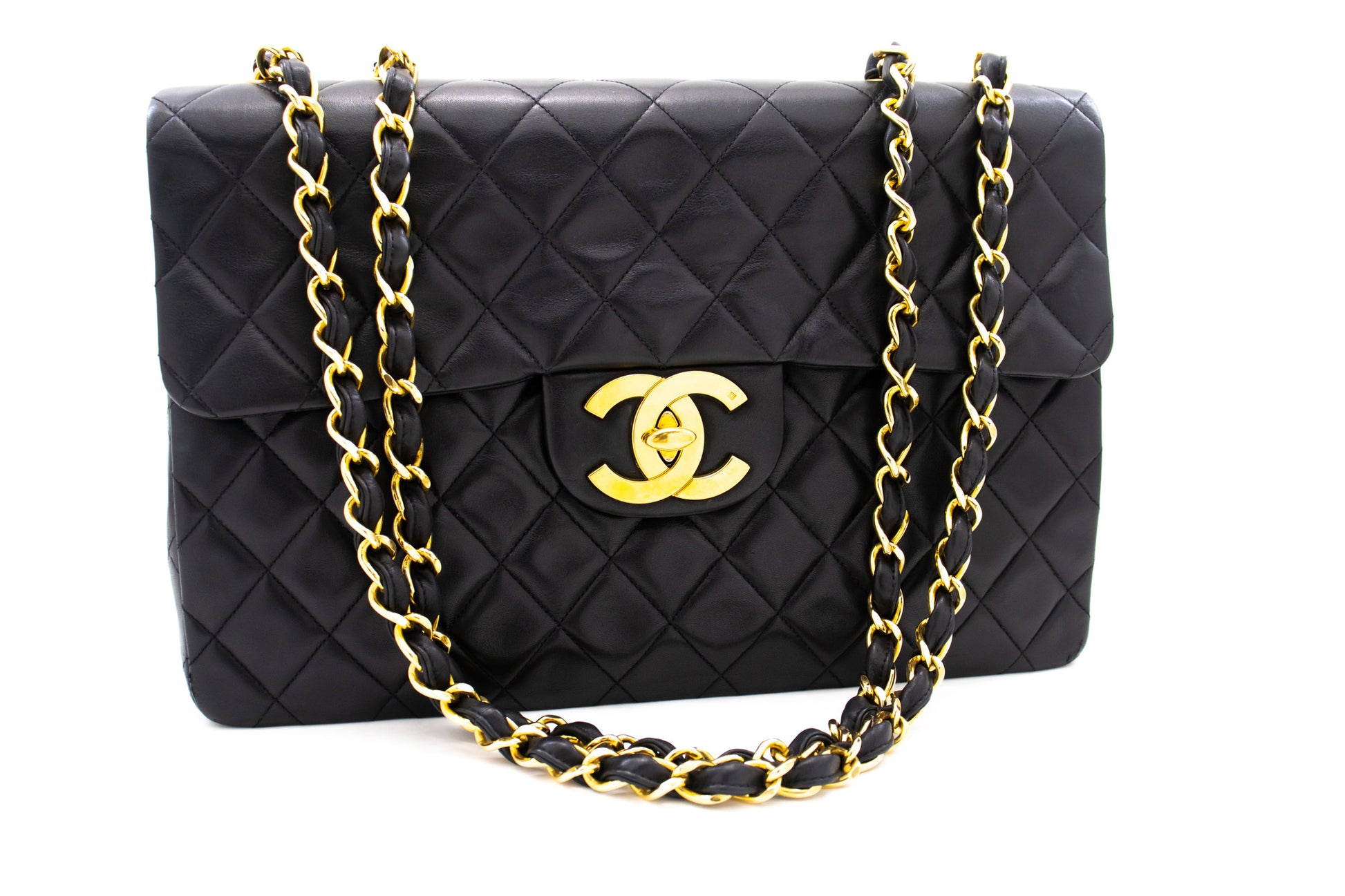 CHANEL Classic Large Borsa a Spalla con Tracolla a Catena e Patta 33 cm in Agnello Nero j74 hannari-shop