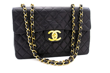 CHANEL Classic Large 13" Flap Chain Shoulder Bag Black Lambskin j74 hannari-shop