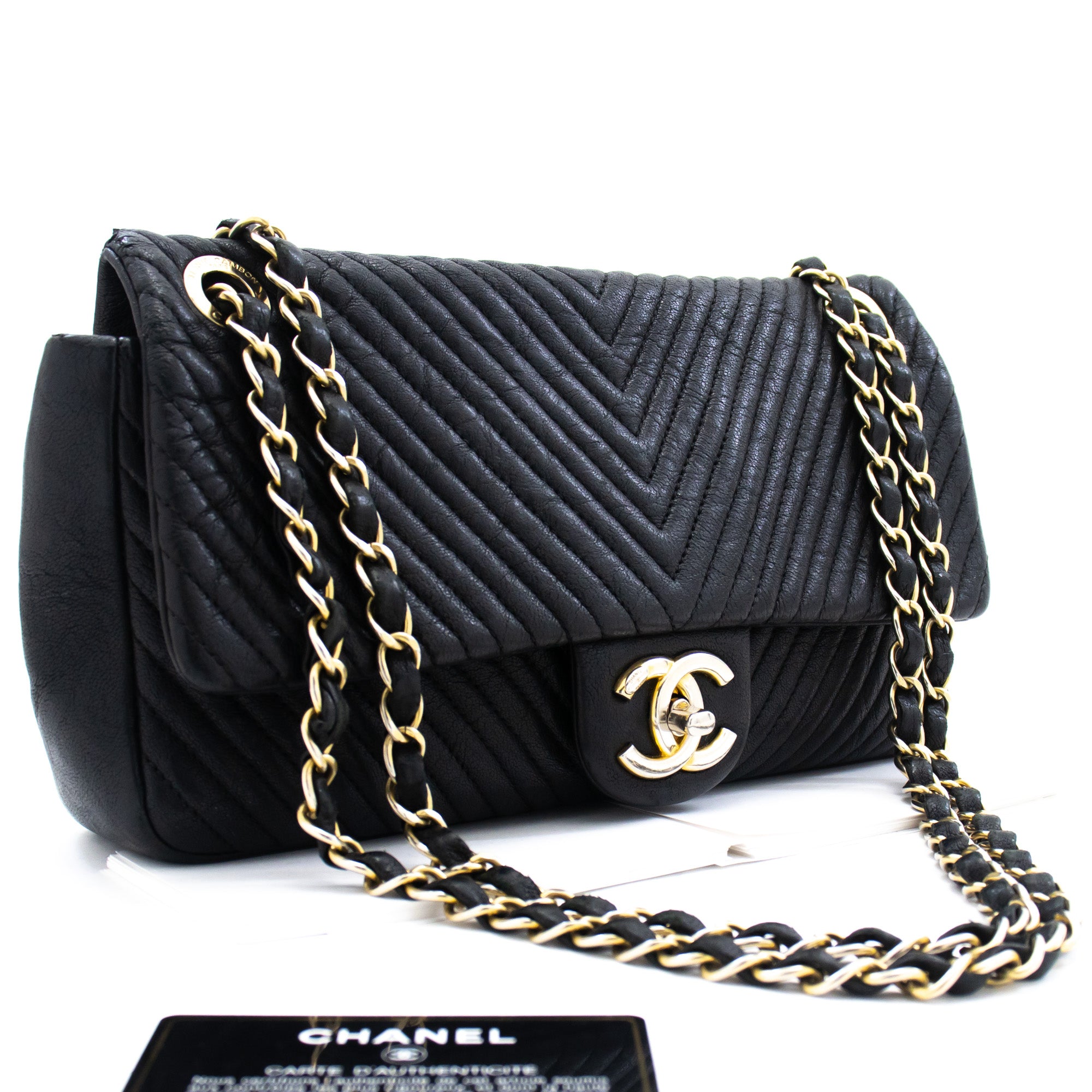 Auth Chanel Wrinkled Lamb Skin Leather Chevron Quilted Surpique