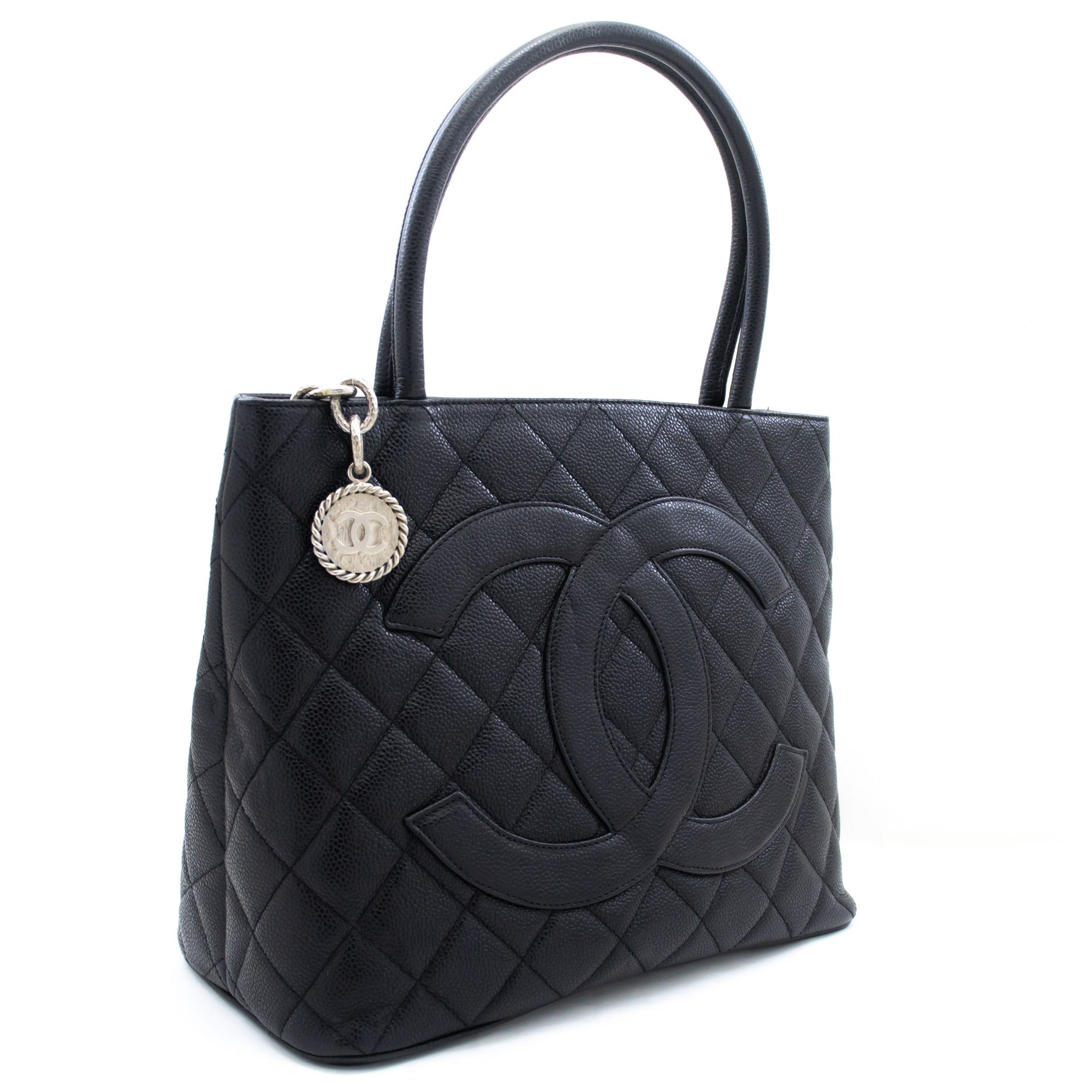 CHANEL Silver Medallion Caviar Shoulder Bag Shopping Tote Black
