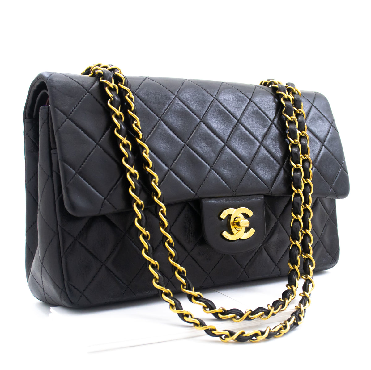 g71 CHANEL Authentic Classic Double Flap 9" Chain Shoulder Bag Navy  Lambskin