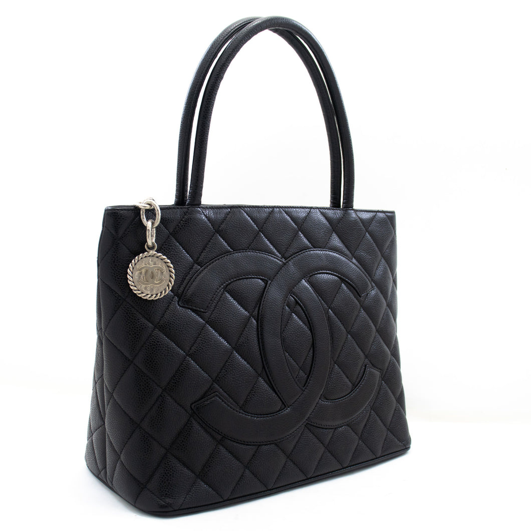 CHANEL Silver Medallion Caviar Shoulder Bag Shopping Tote Black SV k57 hannari-shop