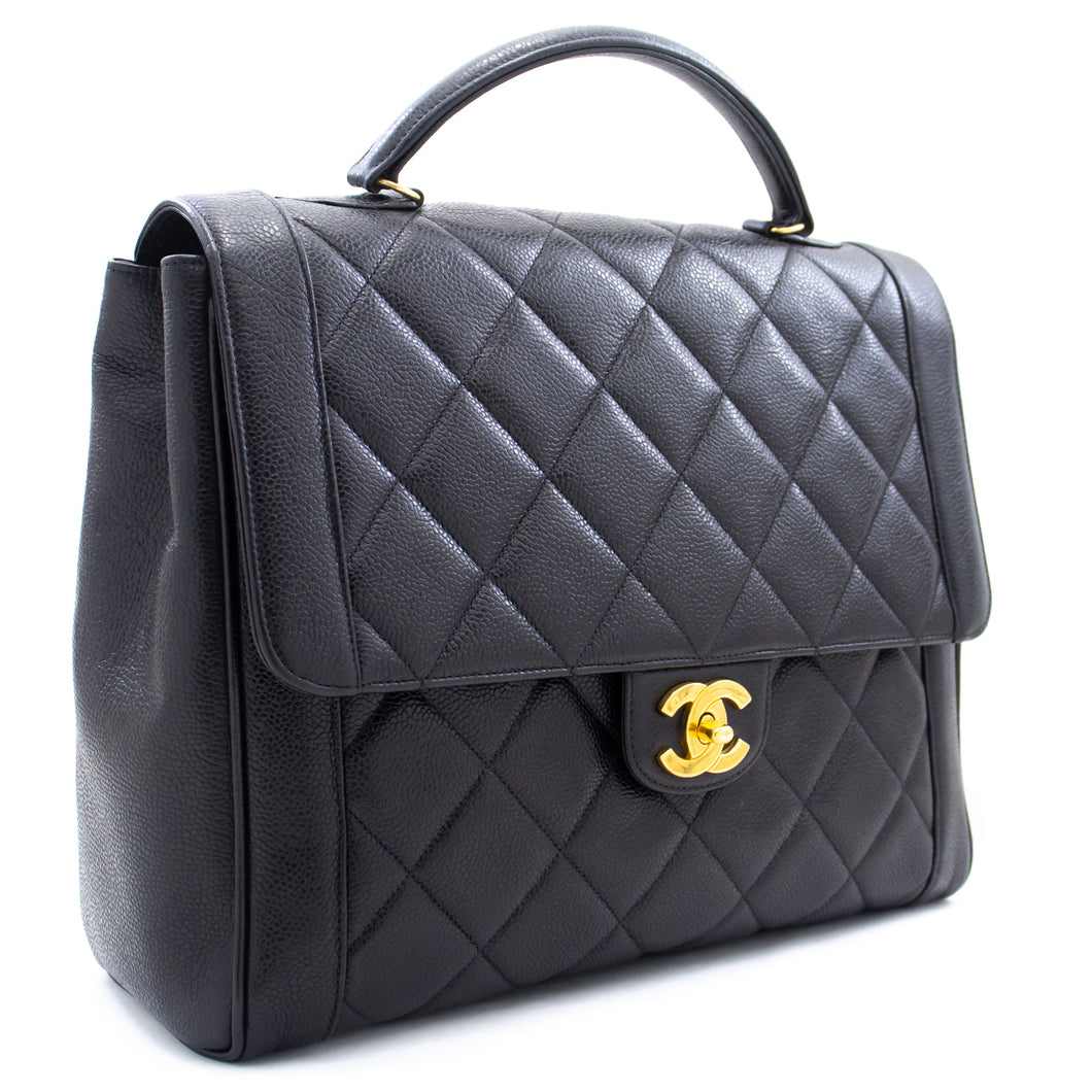 CHANEL Caviar Handbag Top Handle Bag Kelly Black Flap Leather Gold k75 hannari-shop