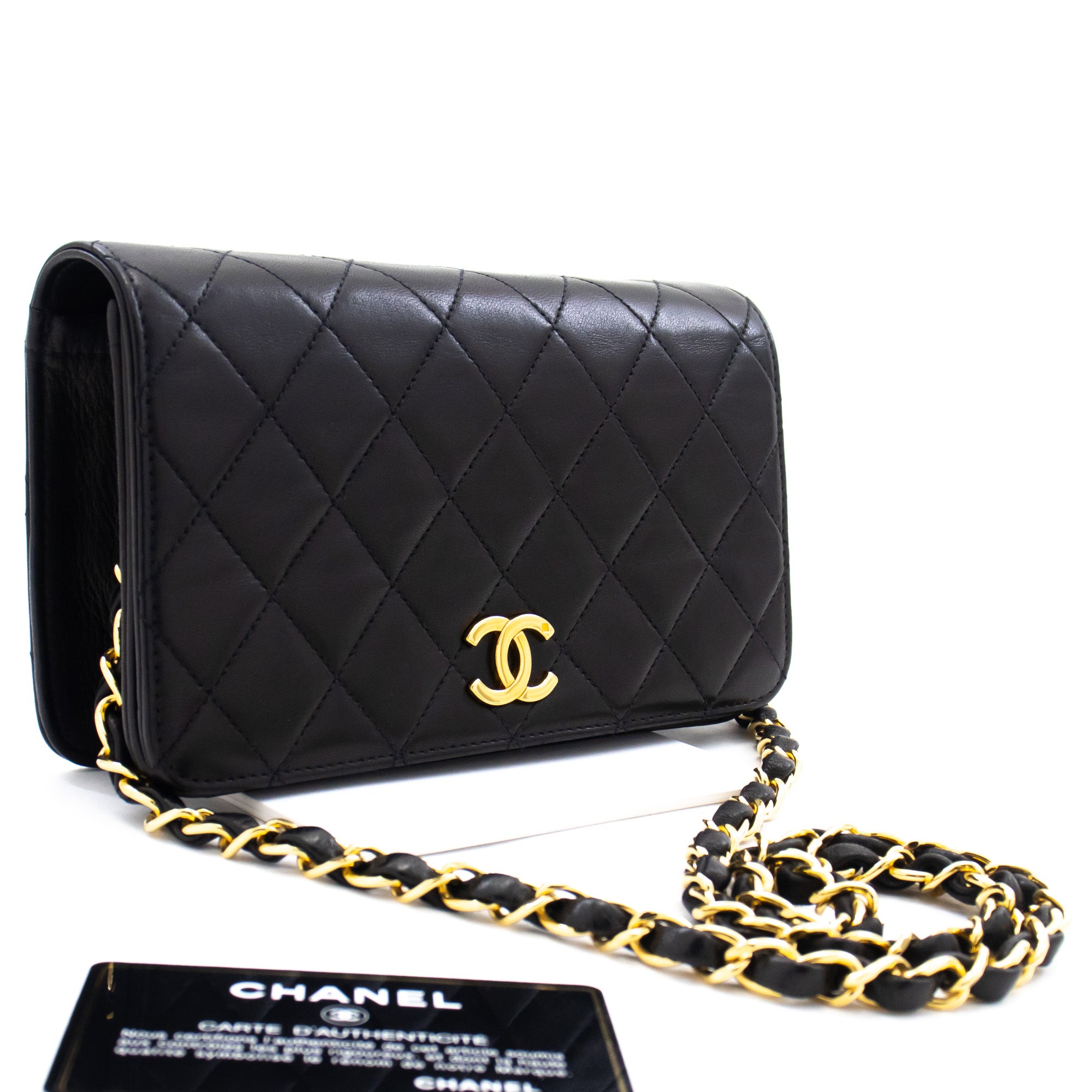 Chanel Full Flap Chain Shoulder Bag Clutch Black Quilted Lambskin K90