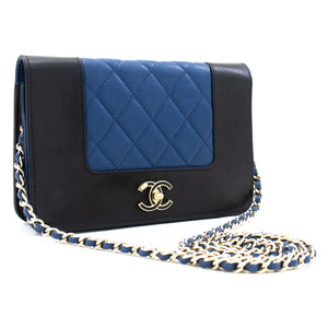CHANEL Black Blue Wallet On Chain WOC Shoulder Bag Crossbody Gold