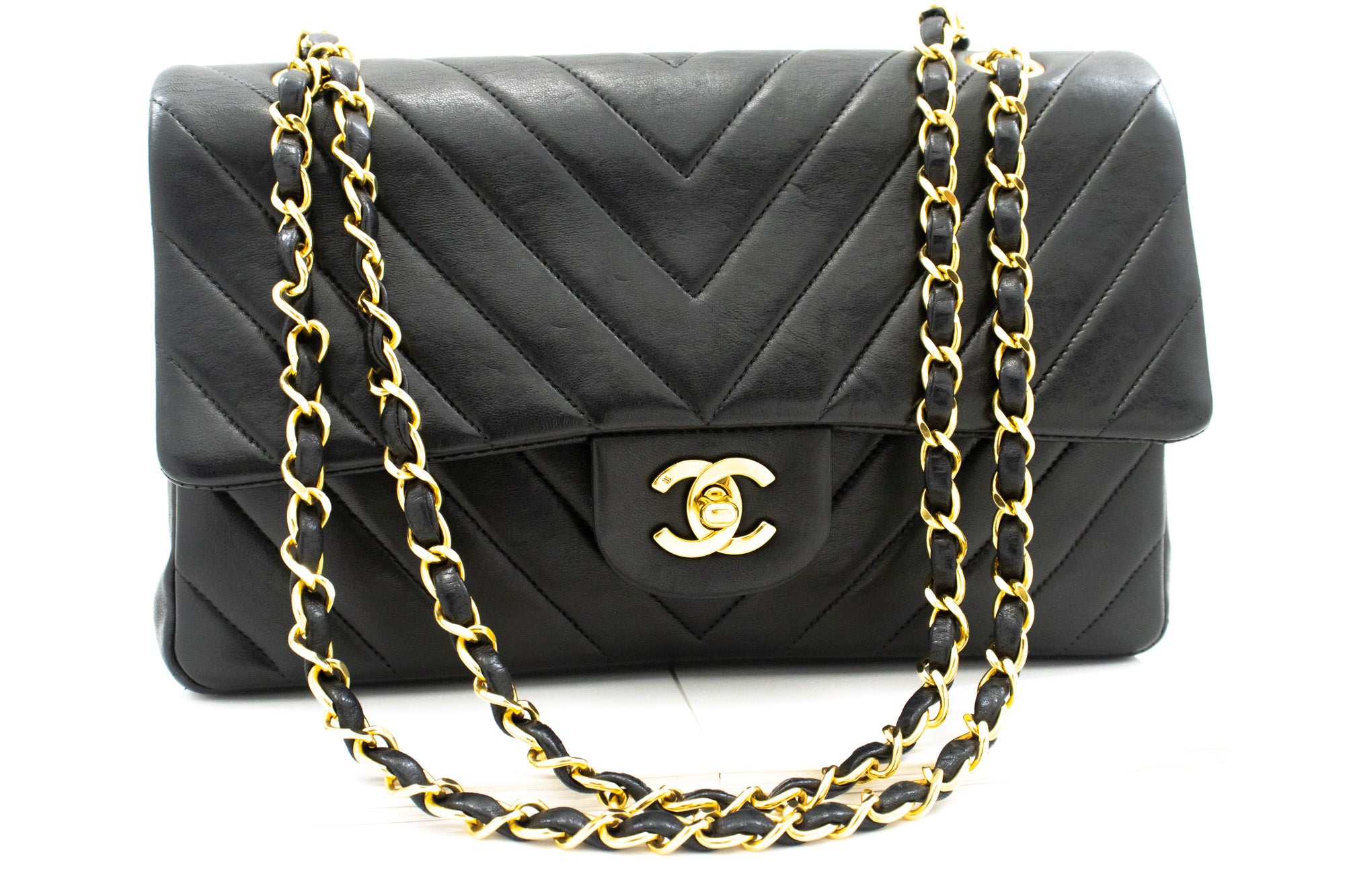 Medium Size Black Stitching & Chain Shoulder Bag