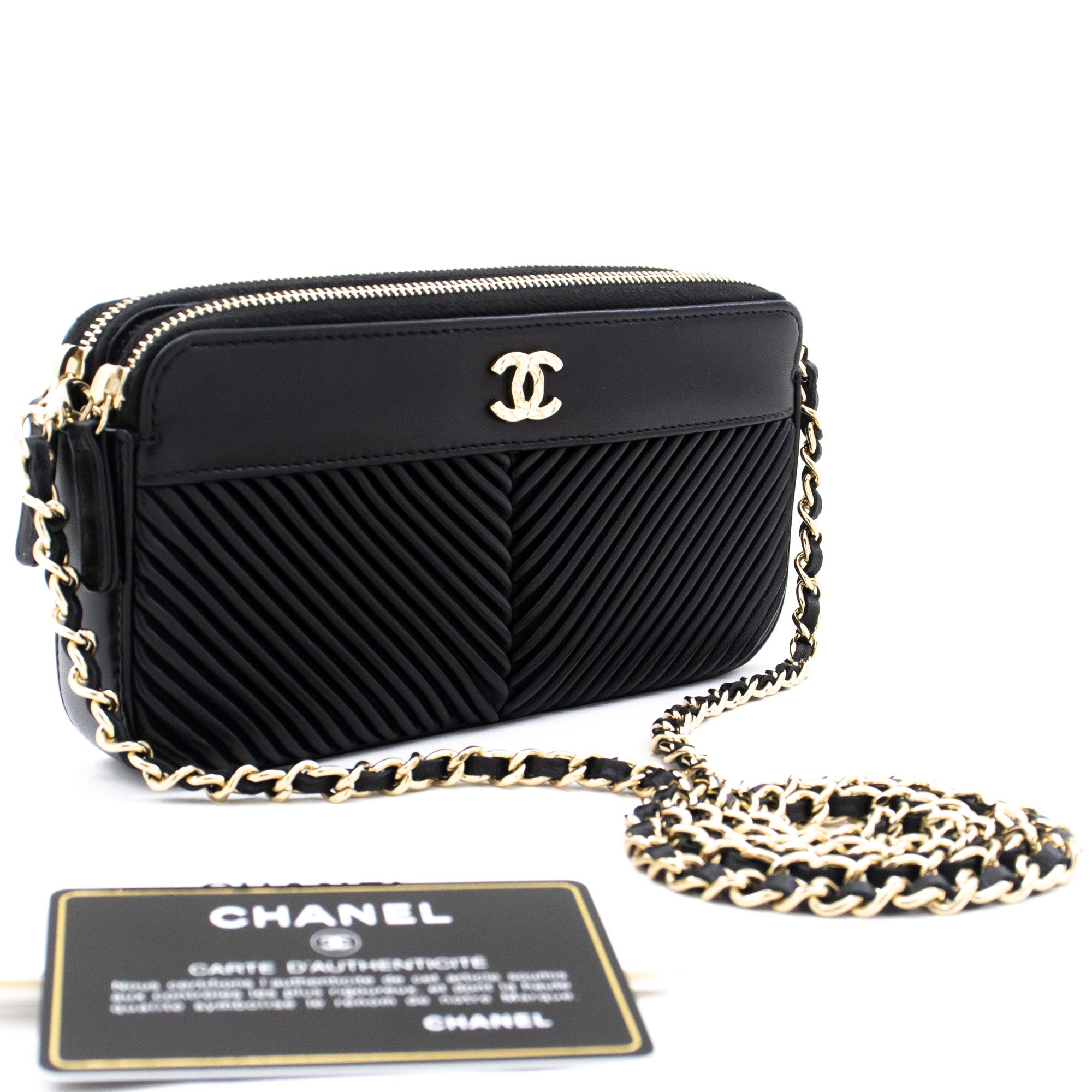 Chanel V-Stitch Lambskin Wallet on Chain Woc Double Zip Chain Bag L14