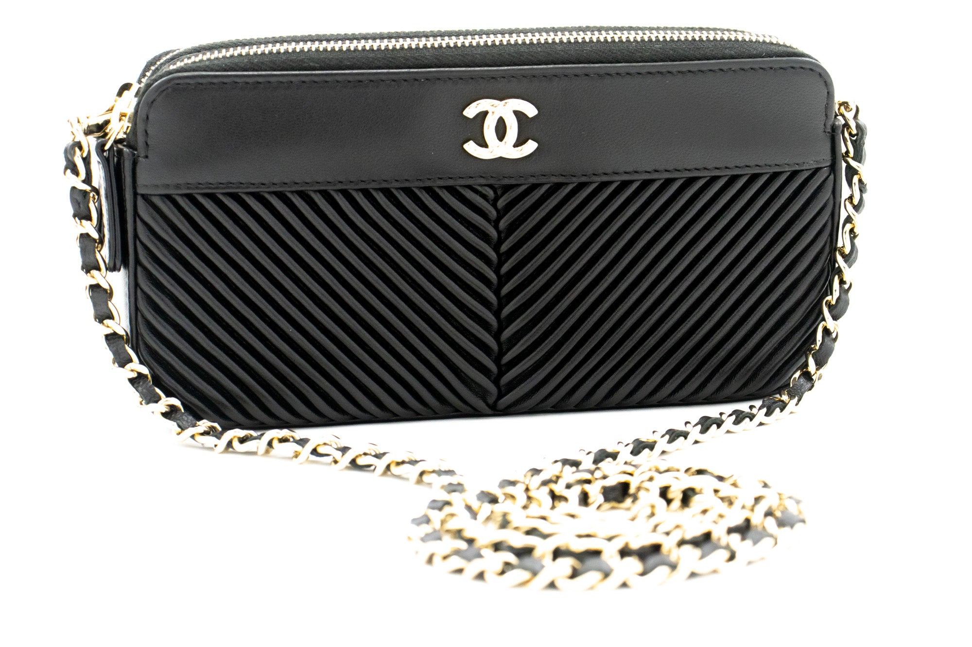 CHANEL V-Stitch Lambskin Wallet On Chain WOC Double Zip Chain Bag
