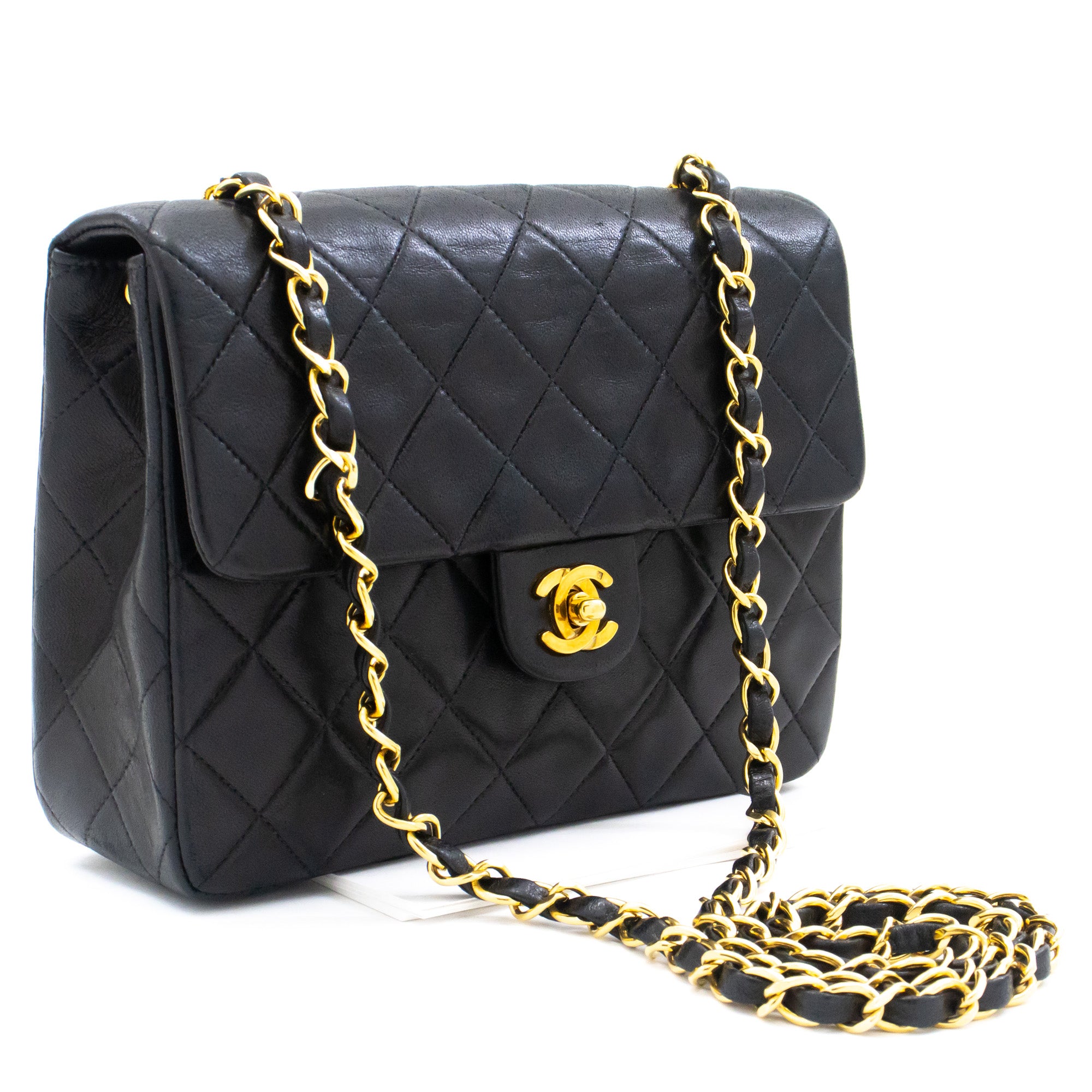 CHANEL Lambskin Quilted Pearl Top Handle Clutch With Chain Black