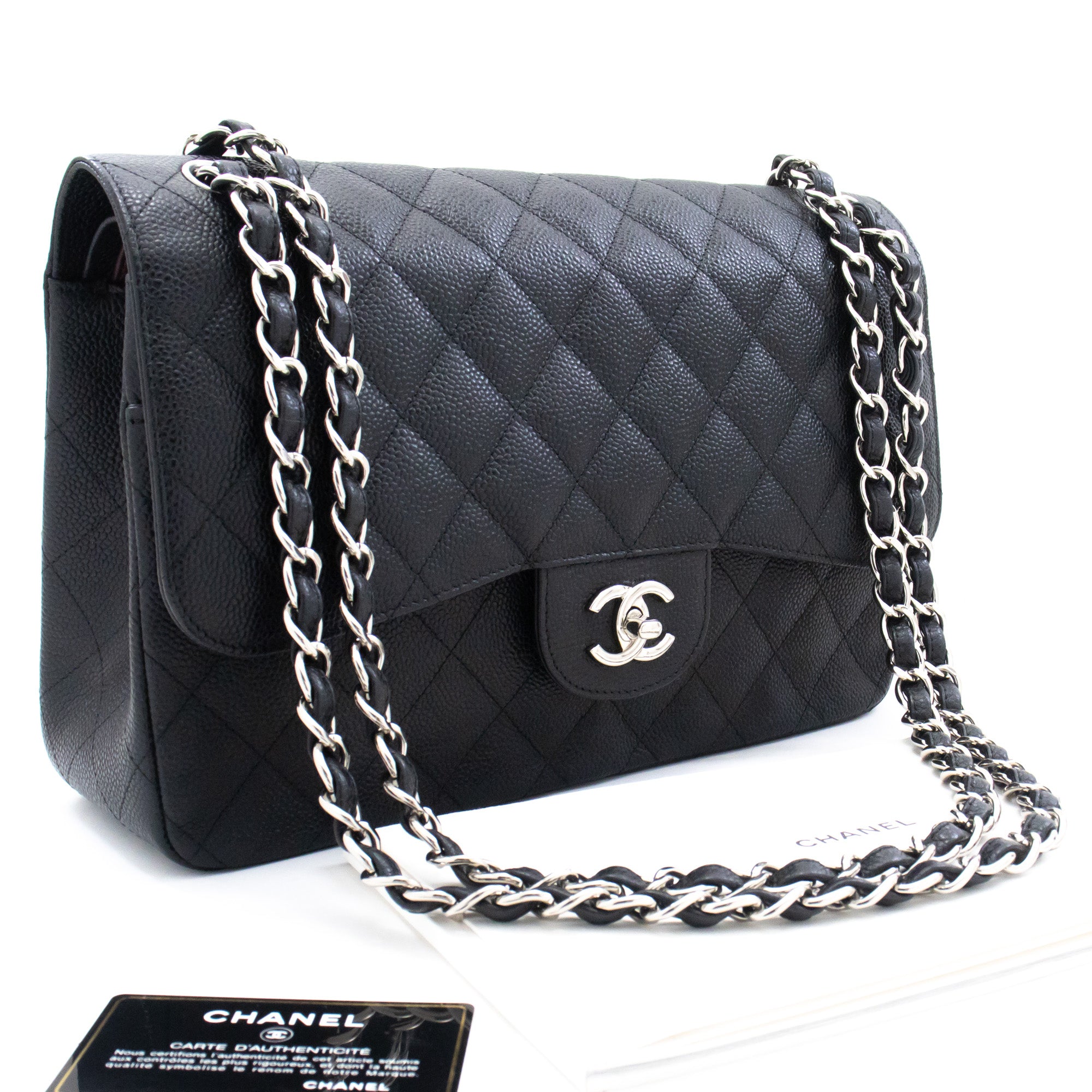 Authentic Chanel Black Caviar Leather Timeless Large Half Moon Flap Bag