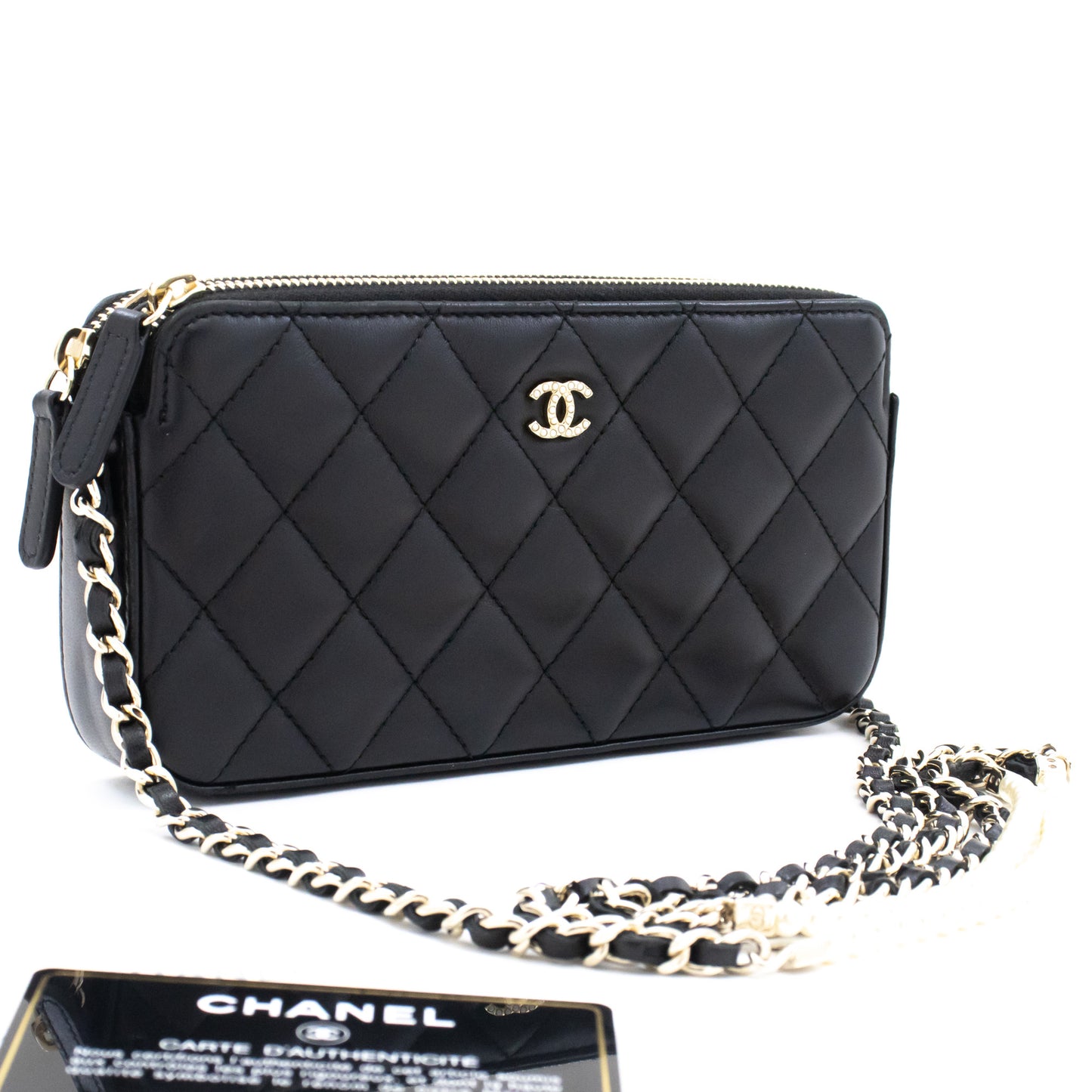 Portafoglio CHANEL WOC in pelle di agnello con perle, borsa a catena doppia zip L17 hannari-shop