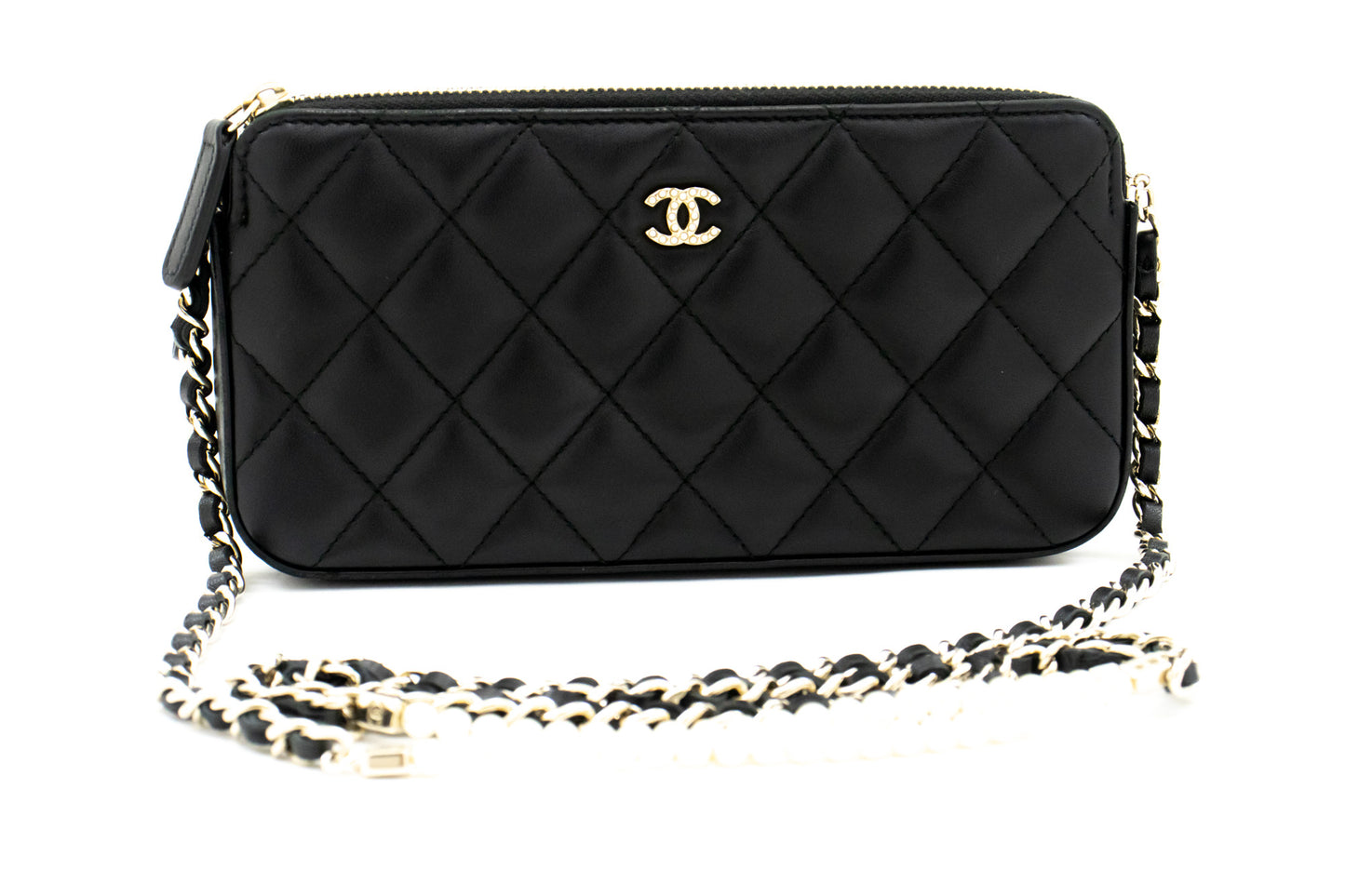 Portafoglio CHANEL WOC in pelle di agnello con perle, borsa a catena doppia zip L17 hannari-shop